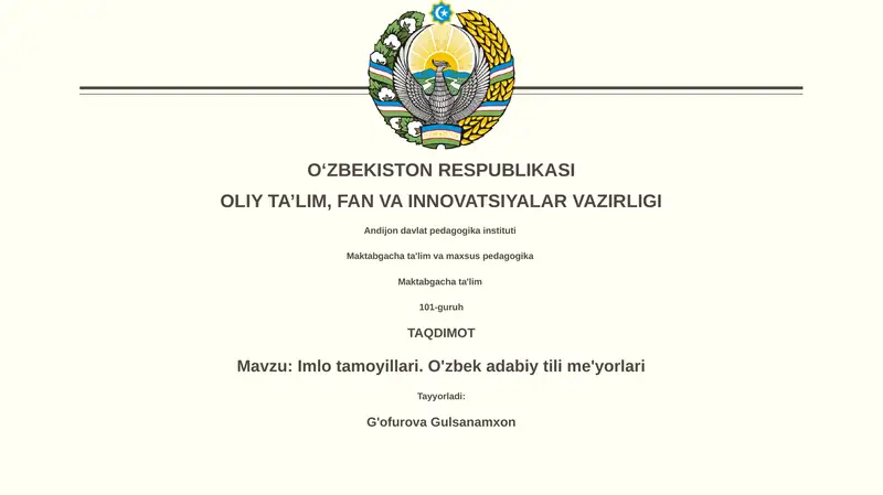 Imlo tamoyillari. O'zbek adabiy tili me'yorlari