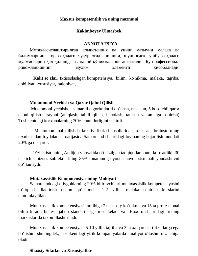 Maxsus kompetentlik va uning mazmuni