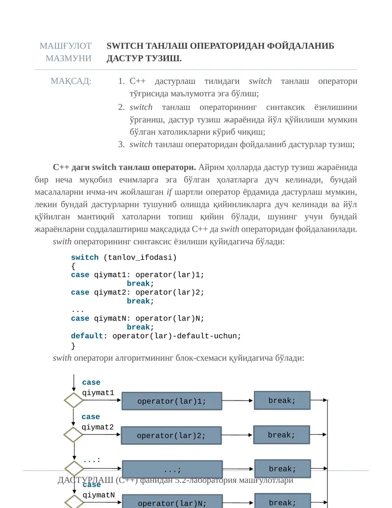 Switch танлаш операторидан фойдаланиб дастур тузиш.
