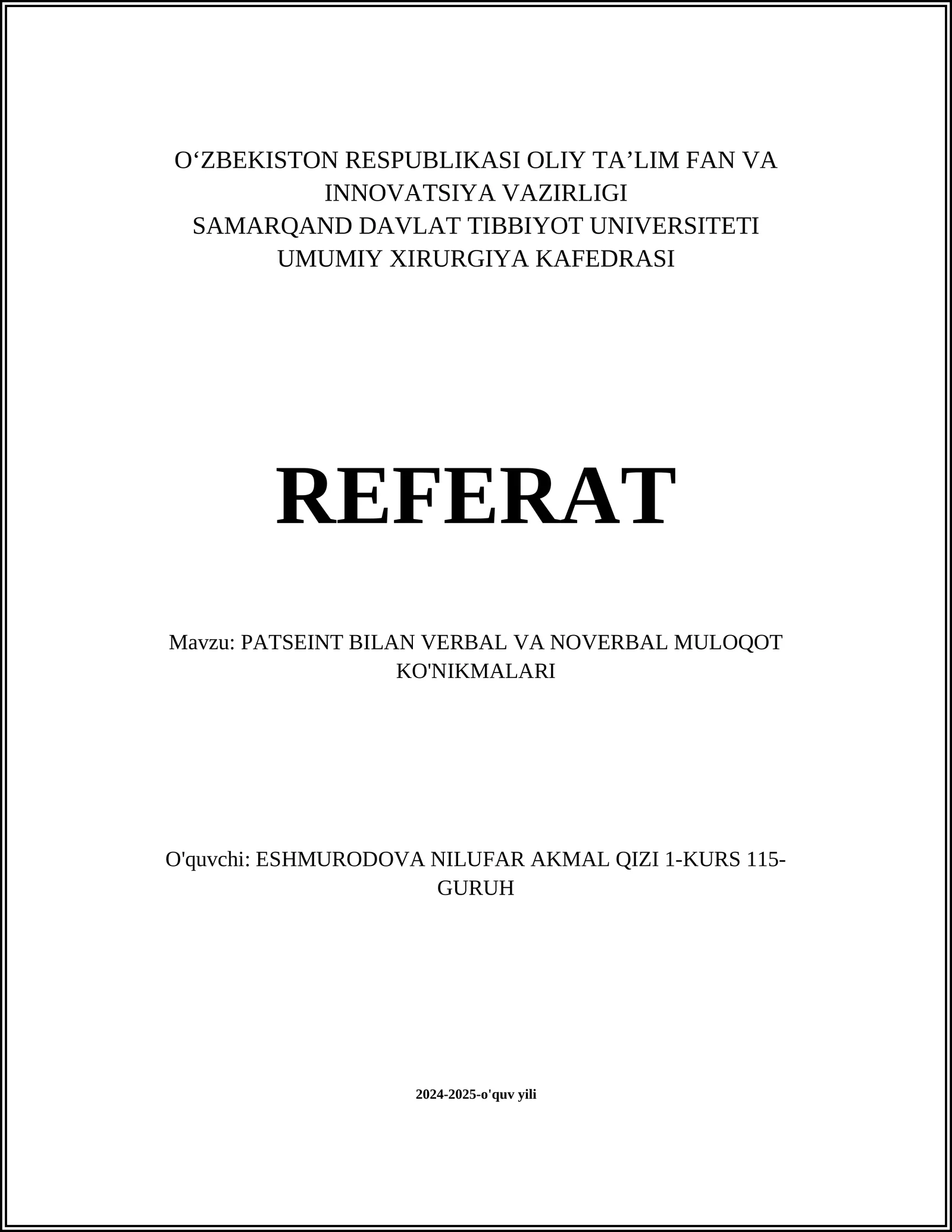 PATSEINT BILAN VERBAL VA NOVERBAL MULOQOT KO'NIKMALARI