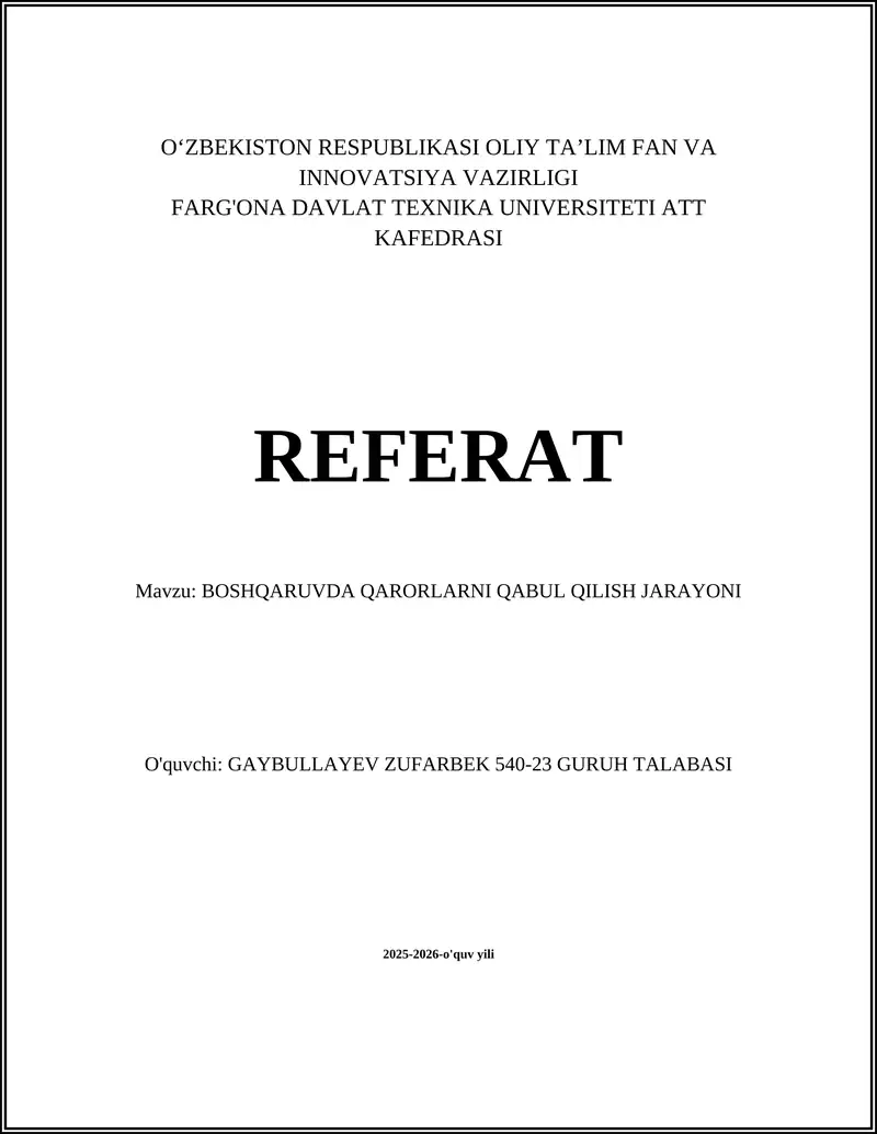 BOSHQARUVDA QARORLARNI QABUL QILISH JARAYONI