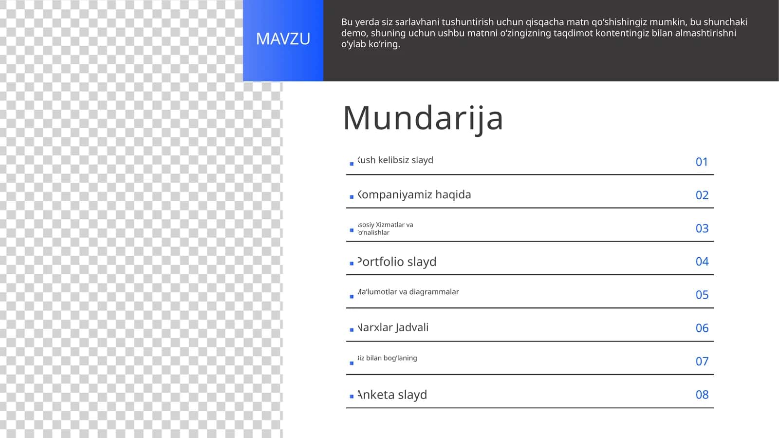 Zamonaviy Biznes Reja Mundarijasi va Tuzilmasi Taqdimoti (10 Slayd)