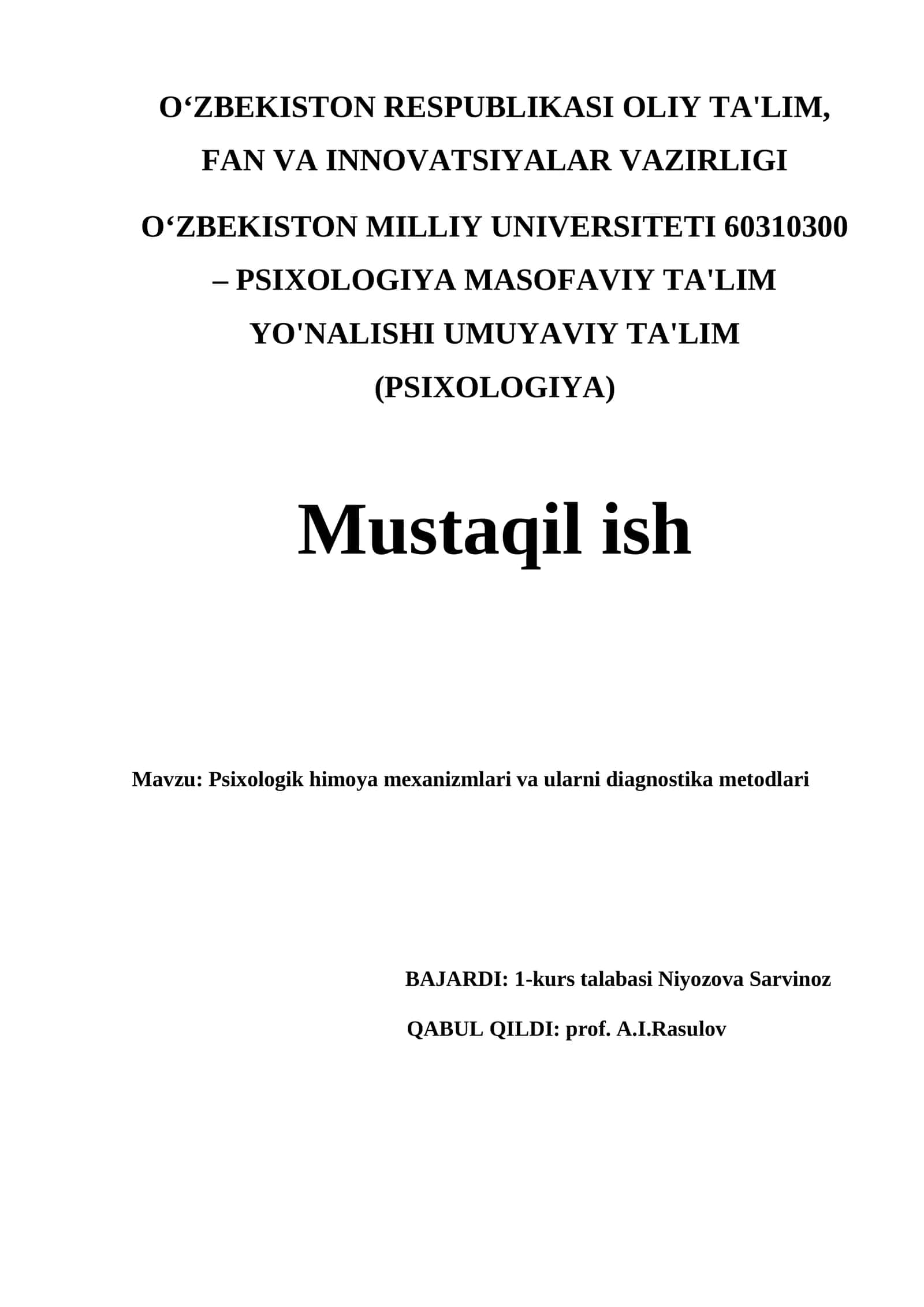 Psixologik himoya mеxanizmlari va ularni diagnostika mеtodlari