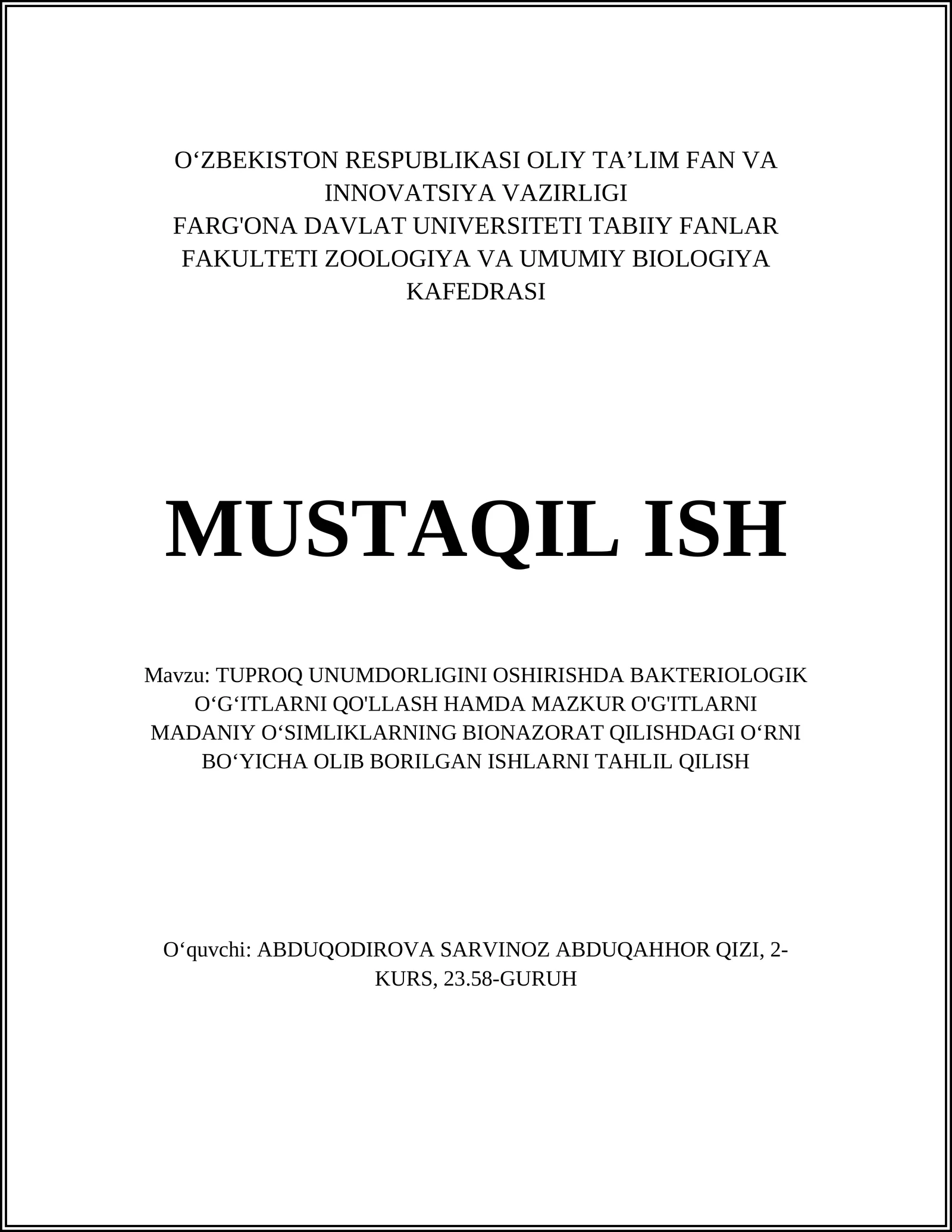 TUPROQ UNUMDORLIGINI OSHIRISHDA BAKTERIOLOGIK O‘G‘ITLARNI QO'LLASH