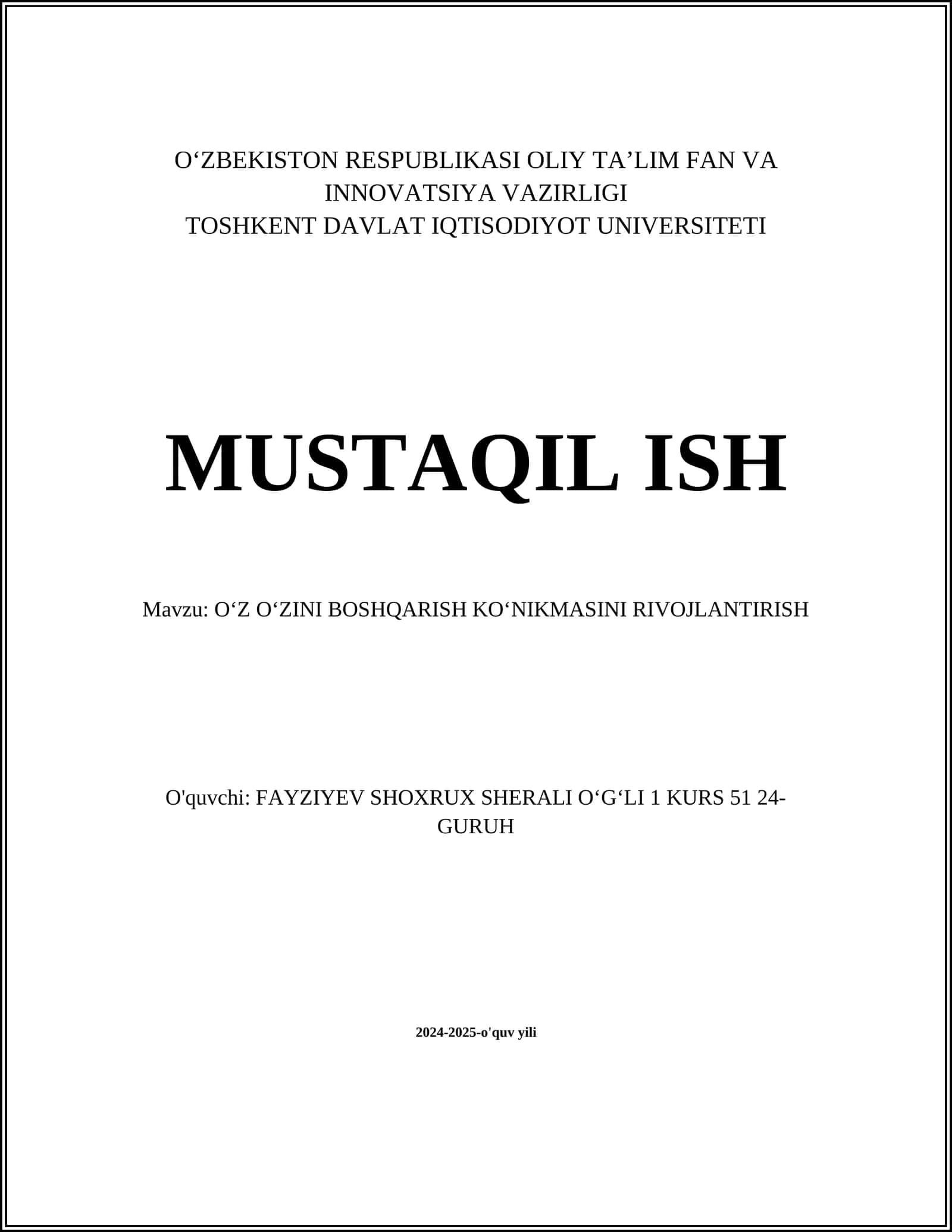 O‘Z O‘ZINI BOSHQARISH KO‘NIKMASINI RIVOJLANTIRISH