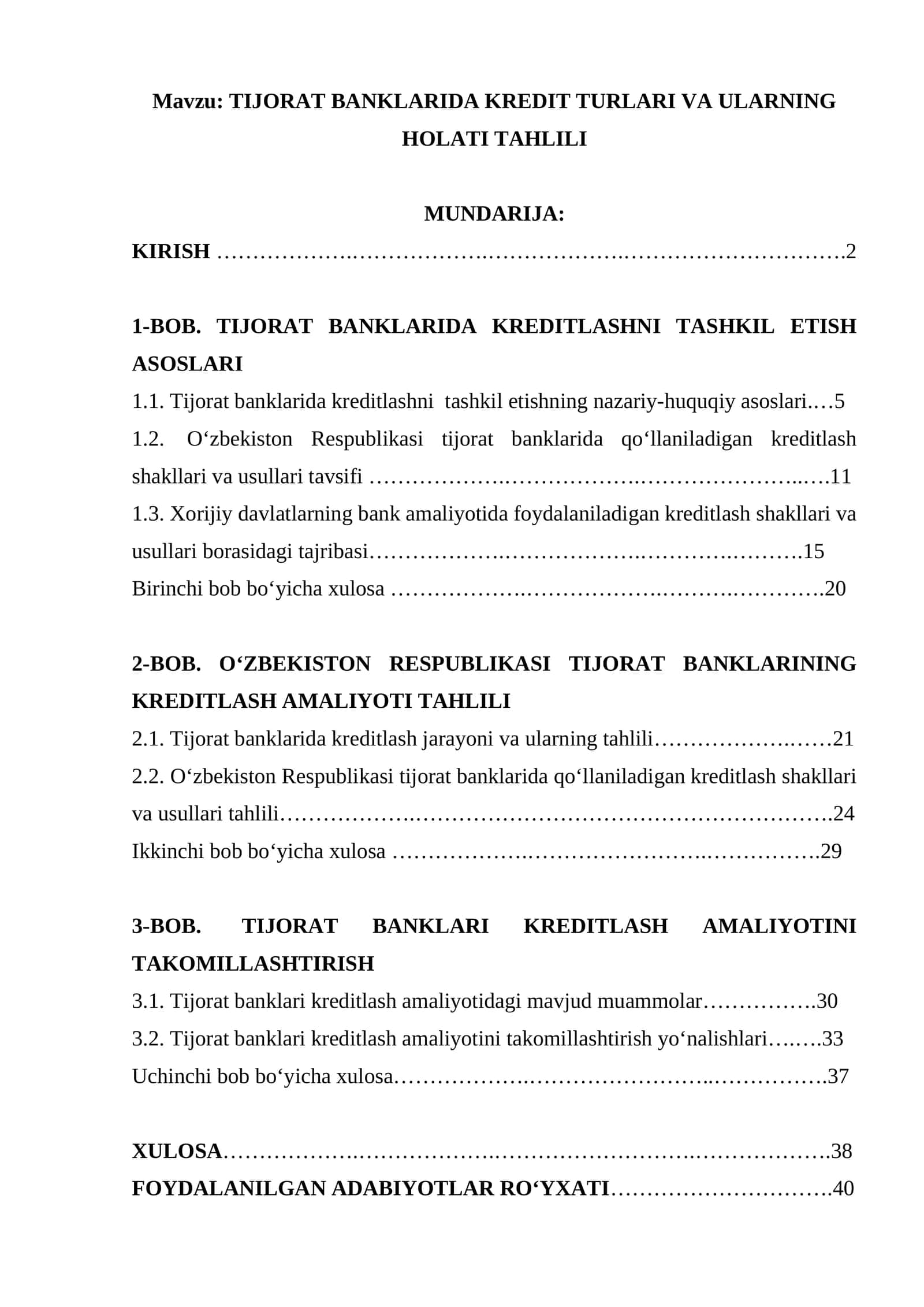 TIJORAT BANKLARIDA KREDIT TURLARI VA ULARNING HOLATI TAHLILI