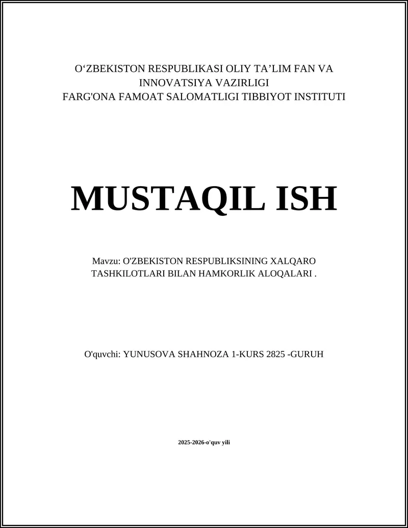 O'zbekiston Respublikasining Xalqaro Tashkilotlari Bilan Hamkorlik Aloqalari