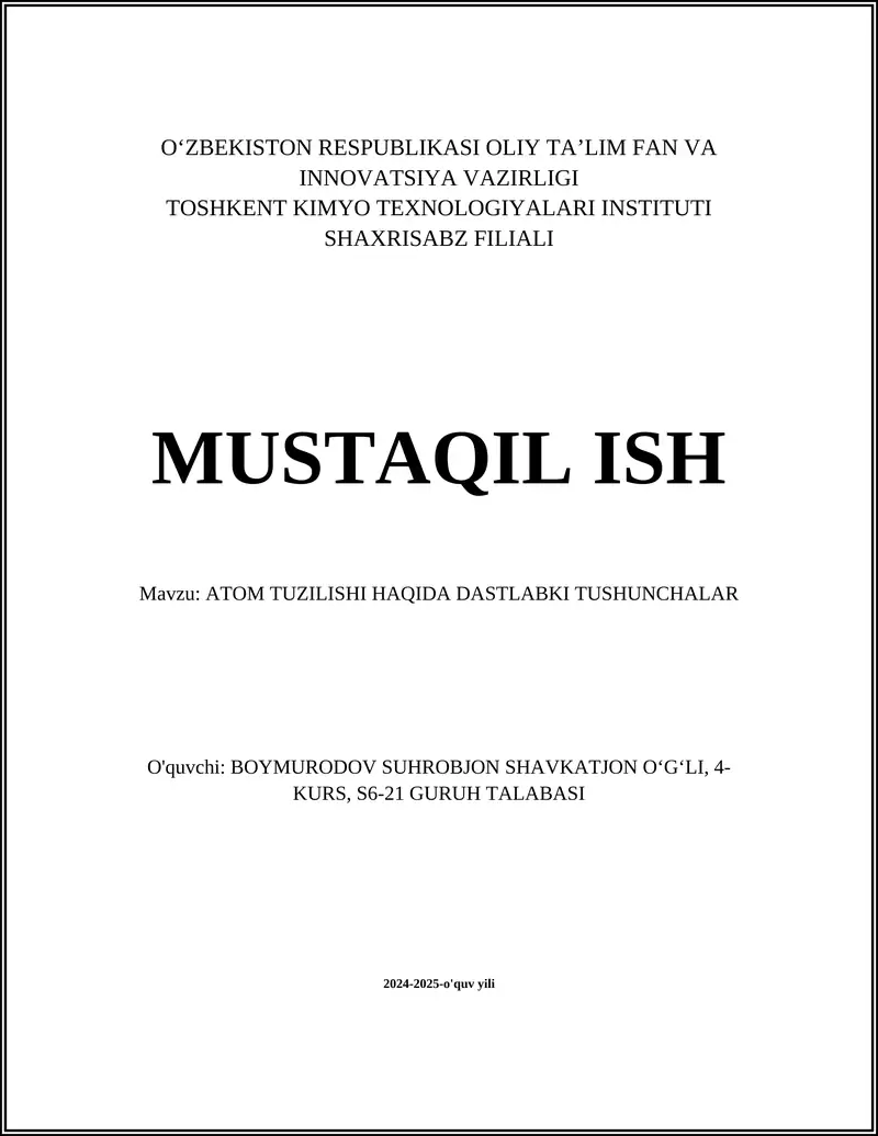 ATOM TUZILISHI HAQIDA DASTLABKI TUSHUNCHALAR