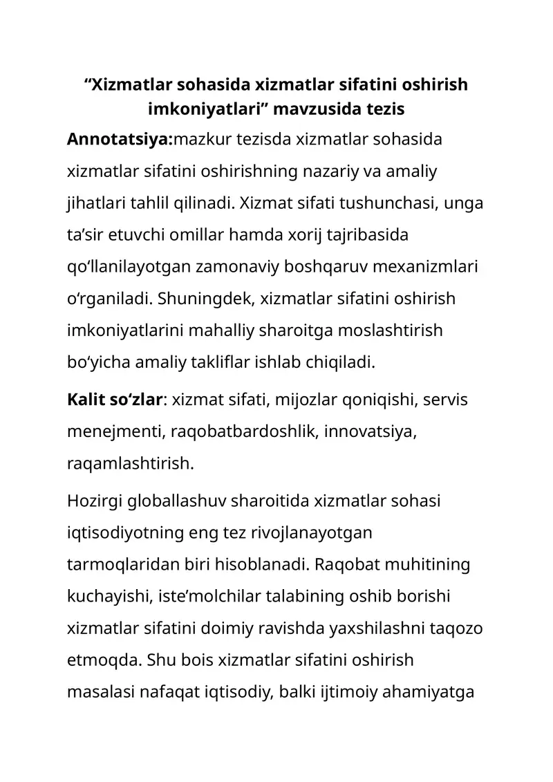 “Xizmatlar sohasida xizmatlar sifatini oshirish imkoniyatlari” mavzusida tezis