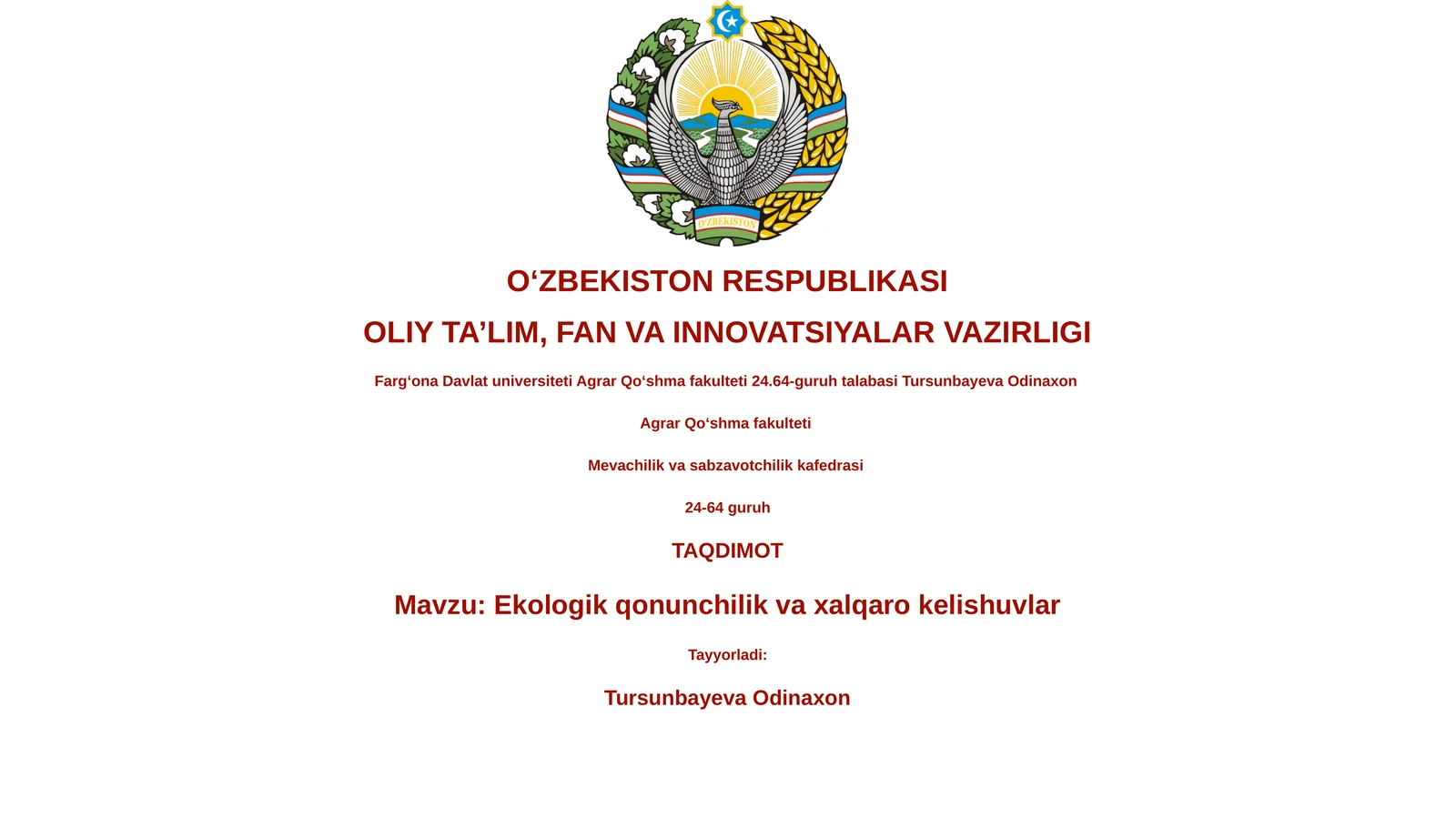 Ekologik qonunchilik va xalqaro kelishuvlar