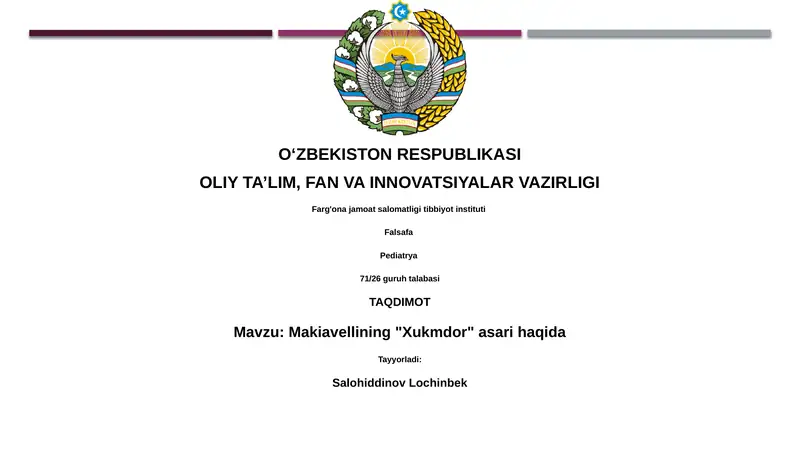 Makiavellining "Xukmdor" asari haqida