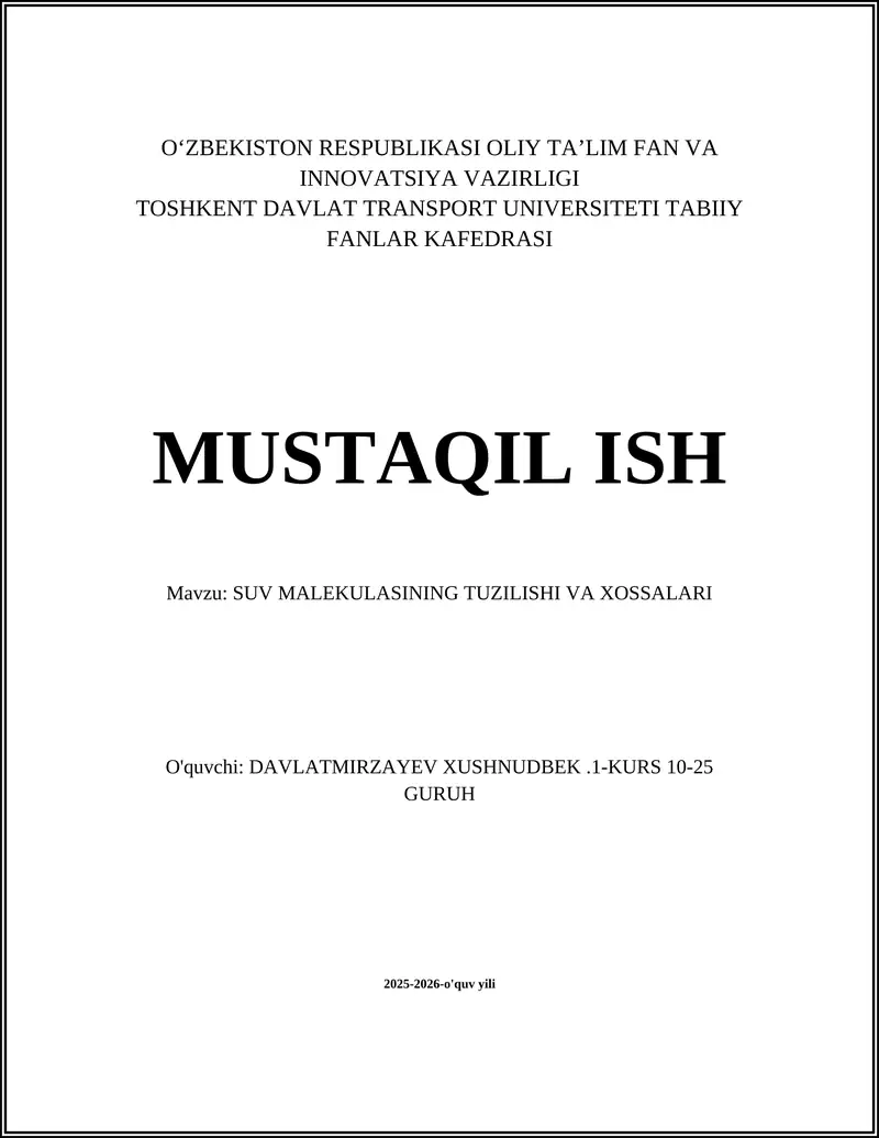 SUV MALEKULASINING TUZILISHI VA XOSSALARI