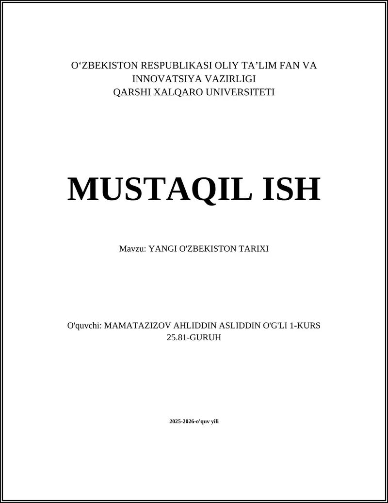 YANGI O'ZBEKISTON TARIXI