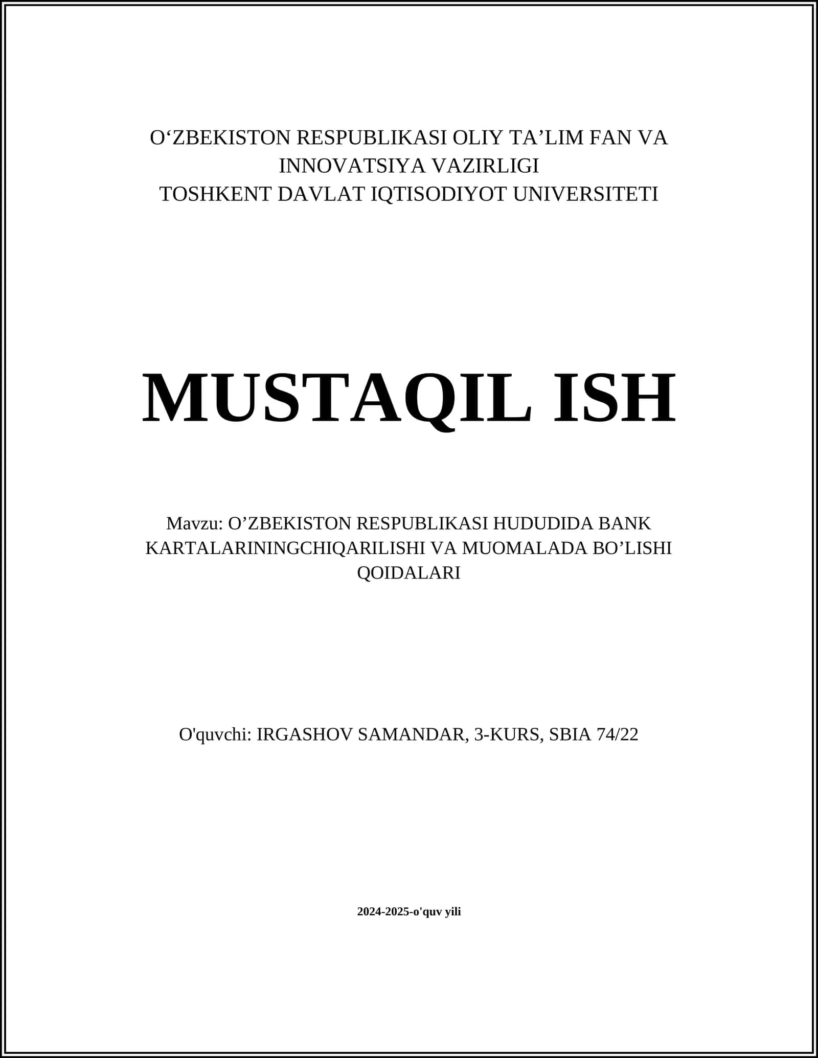 O’ZBEKISTON RESPUBLIKASI HUDUDIDA BANK KARTALARINING CHIQARILISHI VA MUOMALADA BO’LISHI QOIDALARI