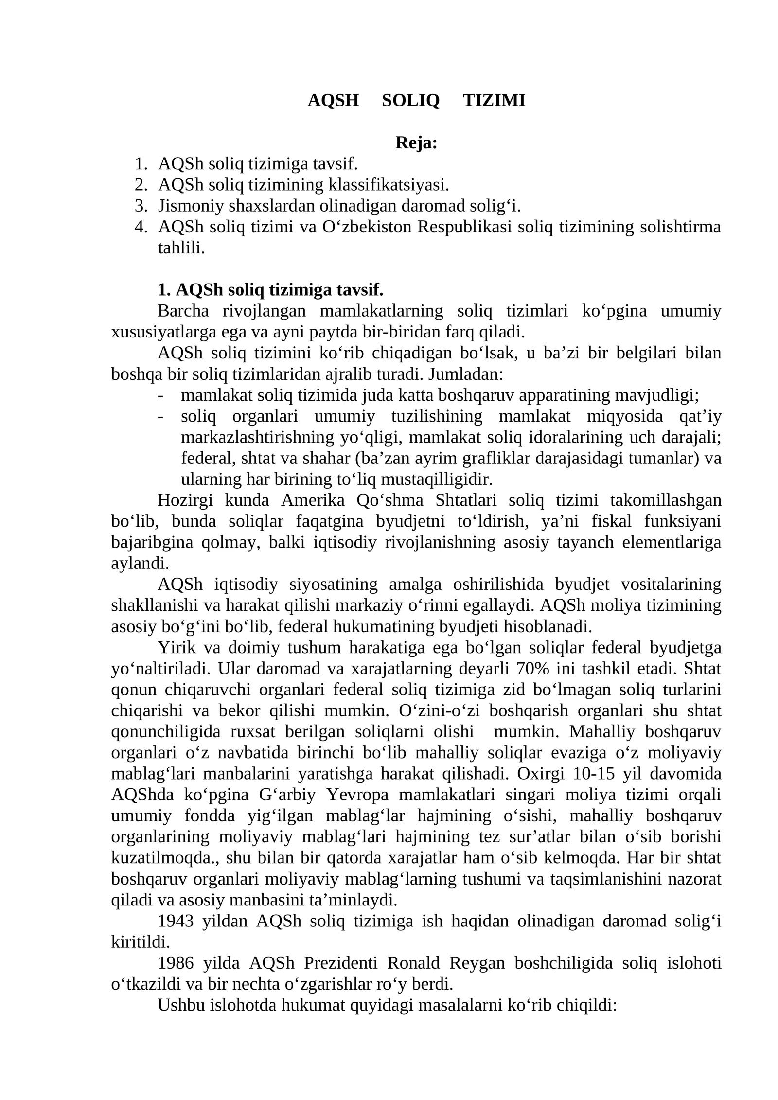AQSH SOLIQ TIZIMI