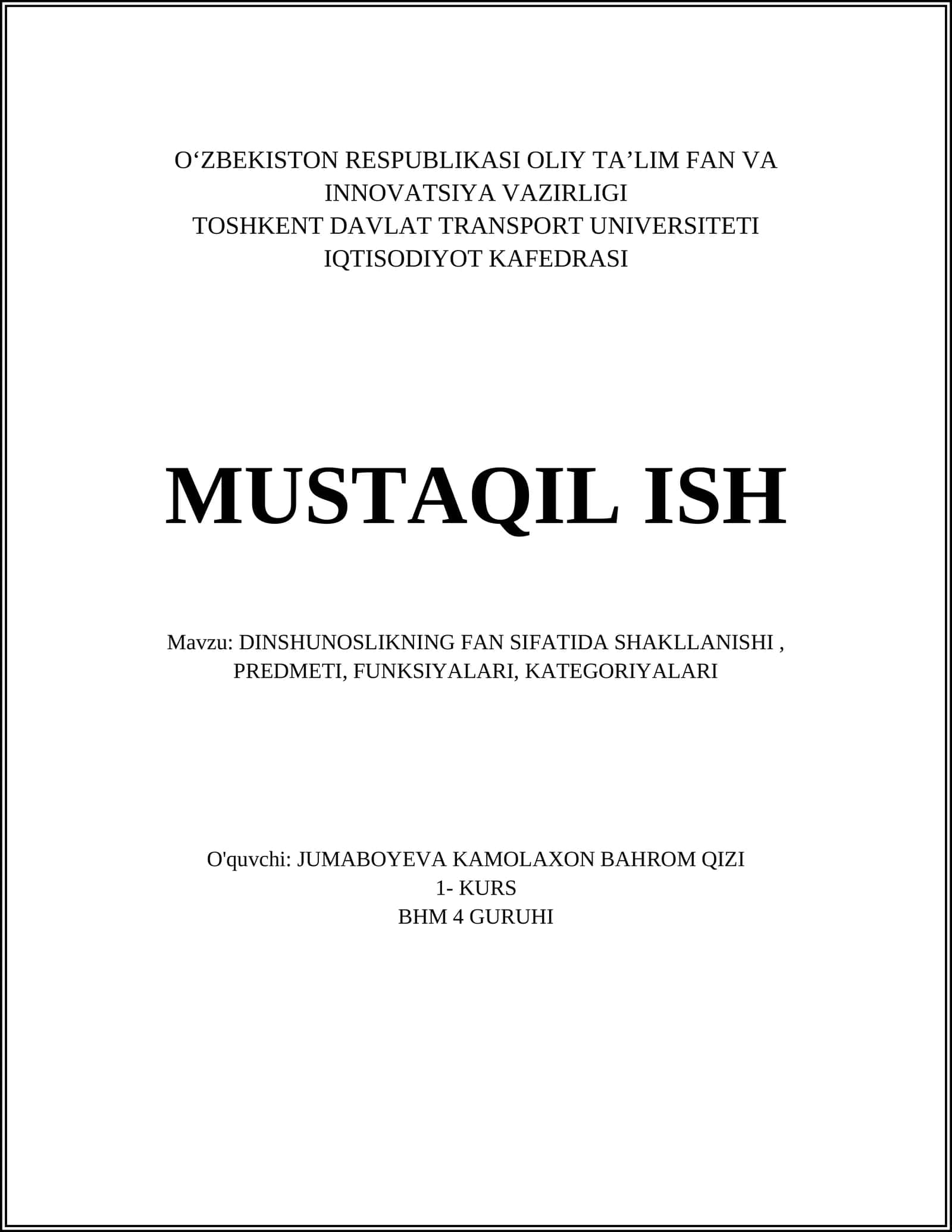 DINSHUNOSLIKNING FAN SIFATIDA SHAKLLANISHI, PREDMETI, FUNKSIYALARI, KATEGORIYALARI