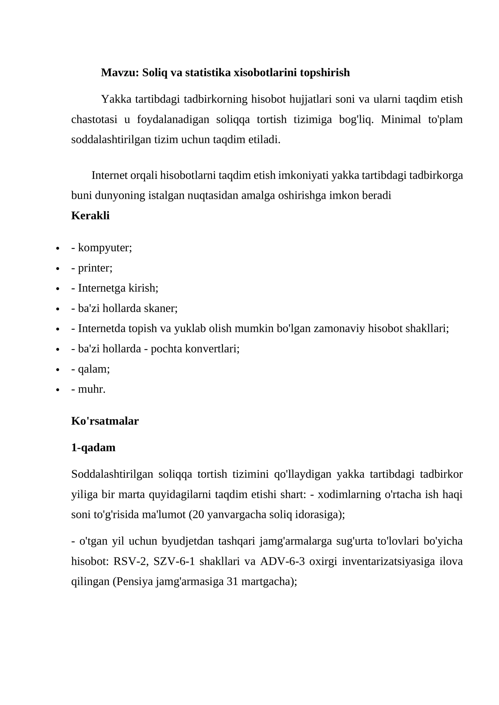 Soliq va statistika xisobotlarini topshirish
