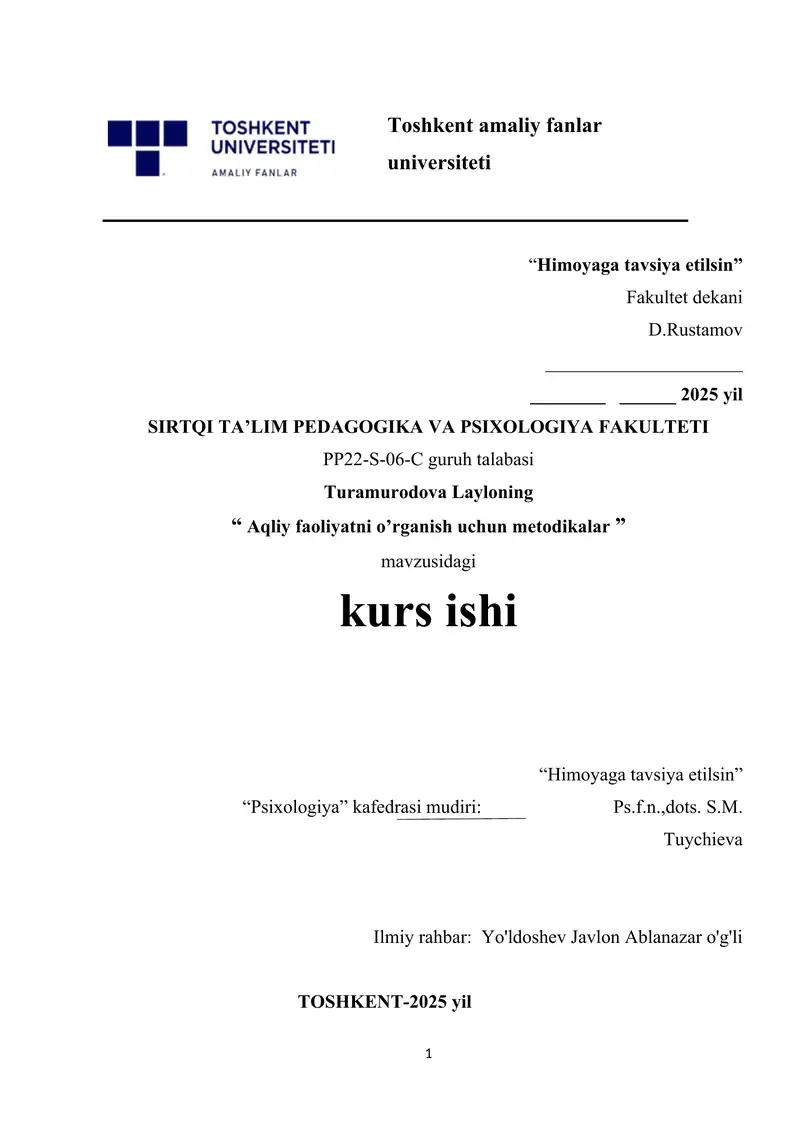 Aqliy faoliyatni o’rganish uchun metodikalar