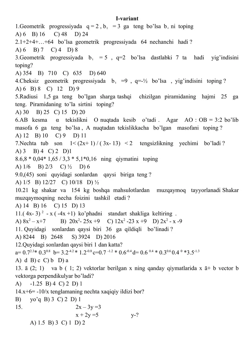 Matematikadan Olimpiada savollari