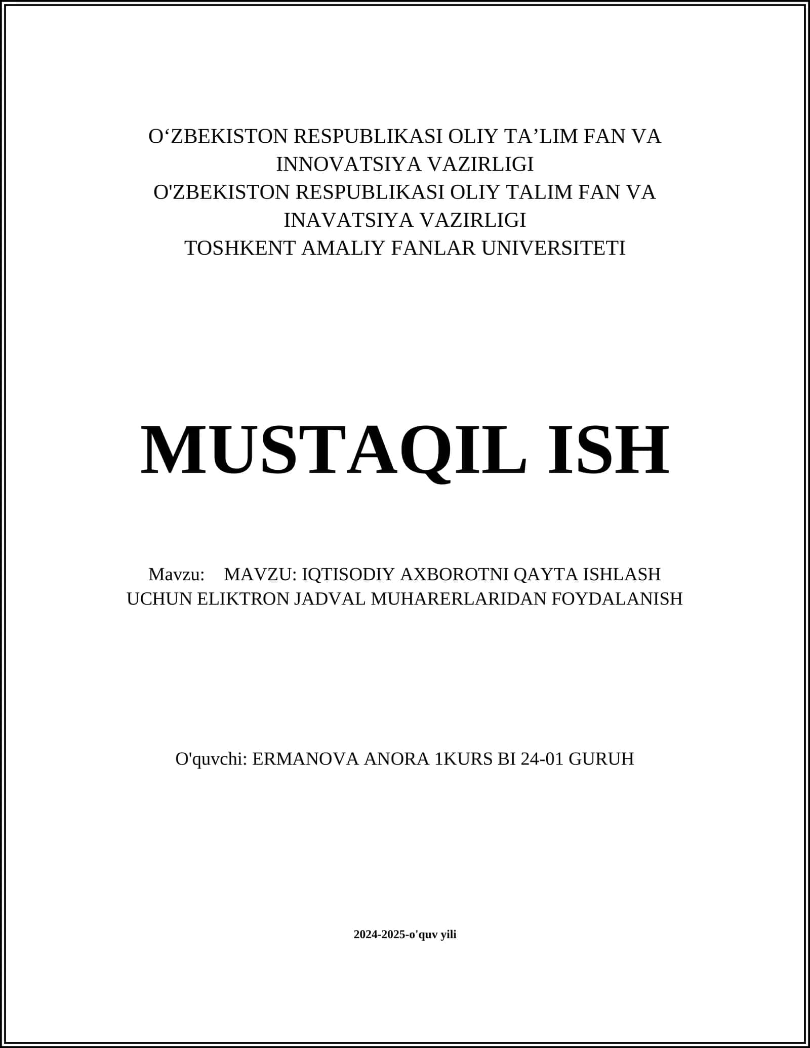 IQTISODIY AXBOROTNI QAYTA ISHLASH UCHUN ELIKTRON JADVAL MUHARERLARIDAN FOYDALANISH