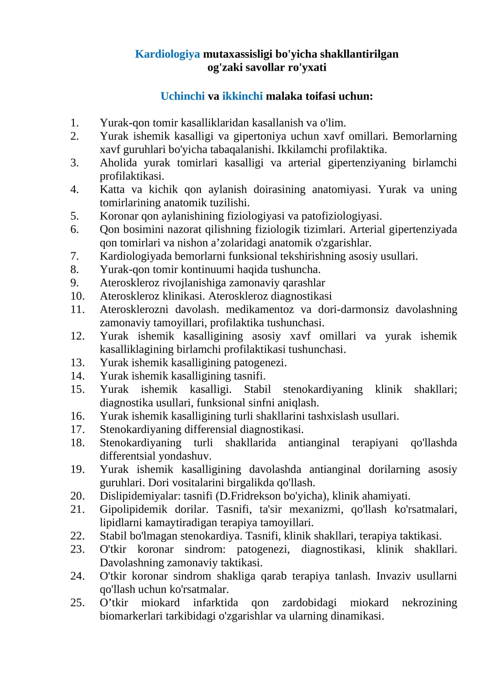 Kardiologiya mutaxassisligi bo'yicha shakllantirilgan og'zaki savollar ro'yxati