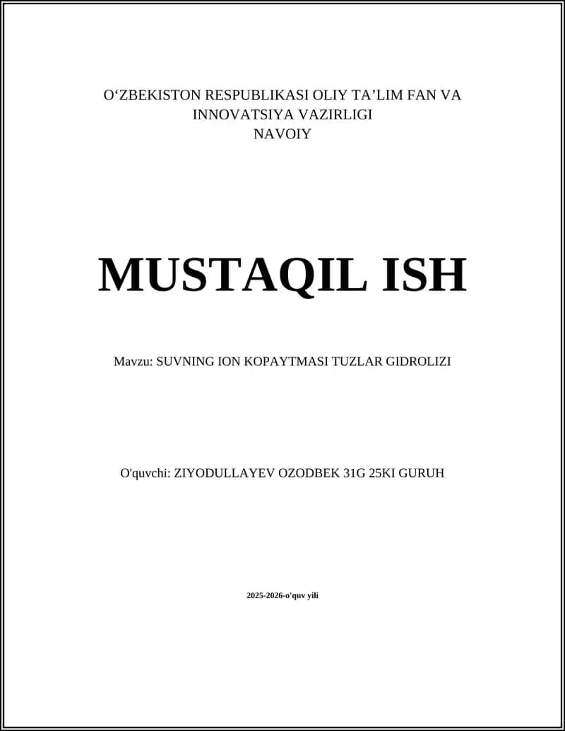 SUVNING ION KOPAYTMASI TUZLAR GIDROLIZI
