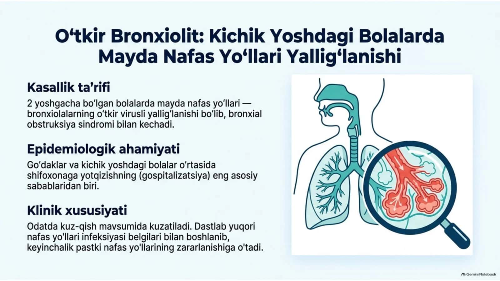 Bolalarda o‘tkir bronxiolit — klinika, diagnostika va davolash | 15 slayd