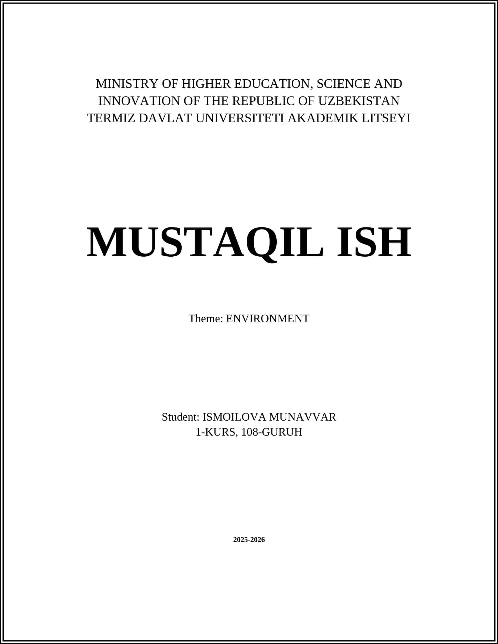 TERMIZ DAVLAT UNIVERSITETI AKADEMIK LITSEYI - ENVIRONMENT