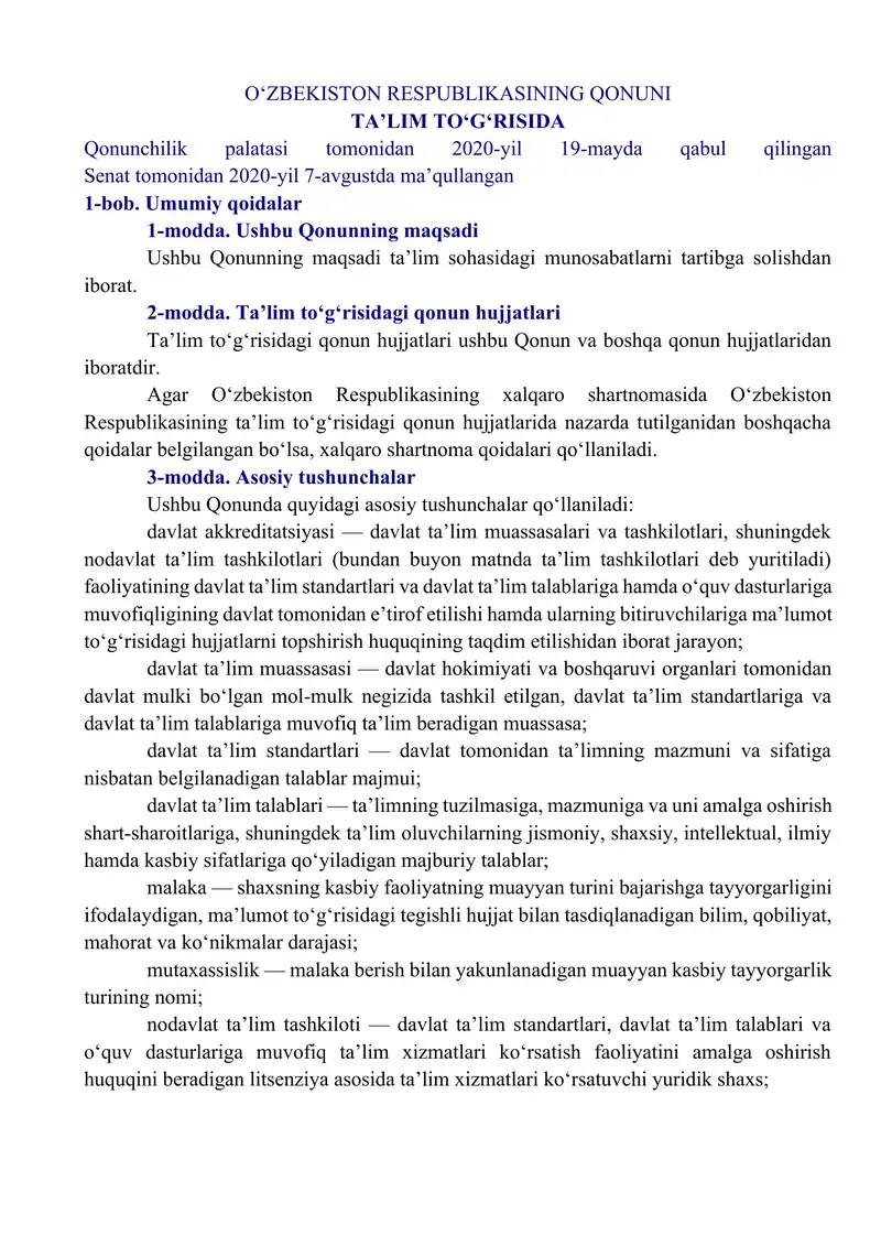 O'zbekiston Respublikasining Qonuni Ta'lim To'g'risida
