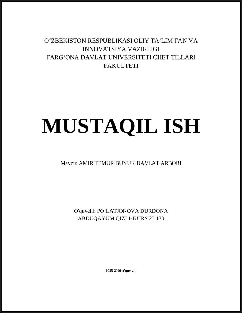AMIR TEMUR BUYUK DAVLAT ARBOBI