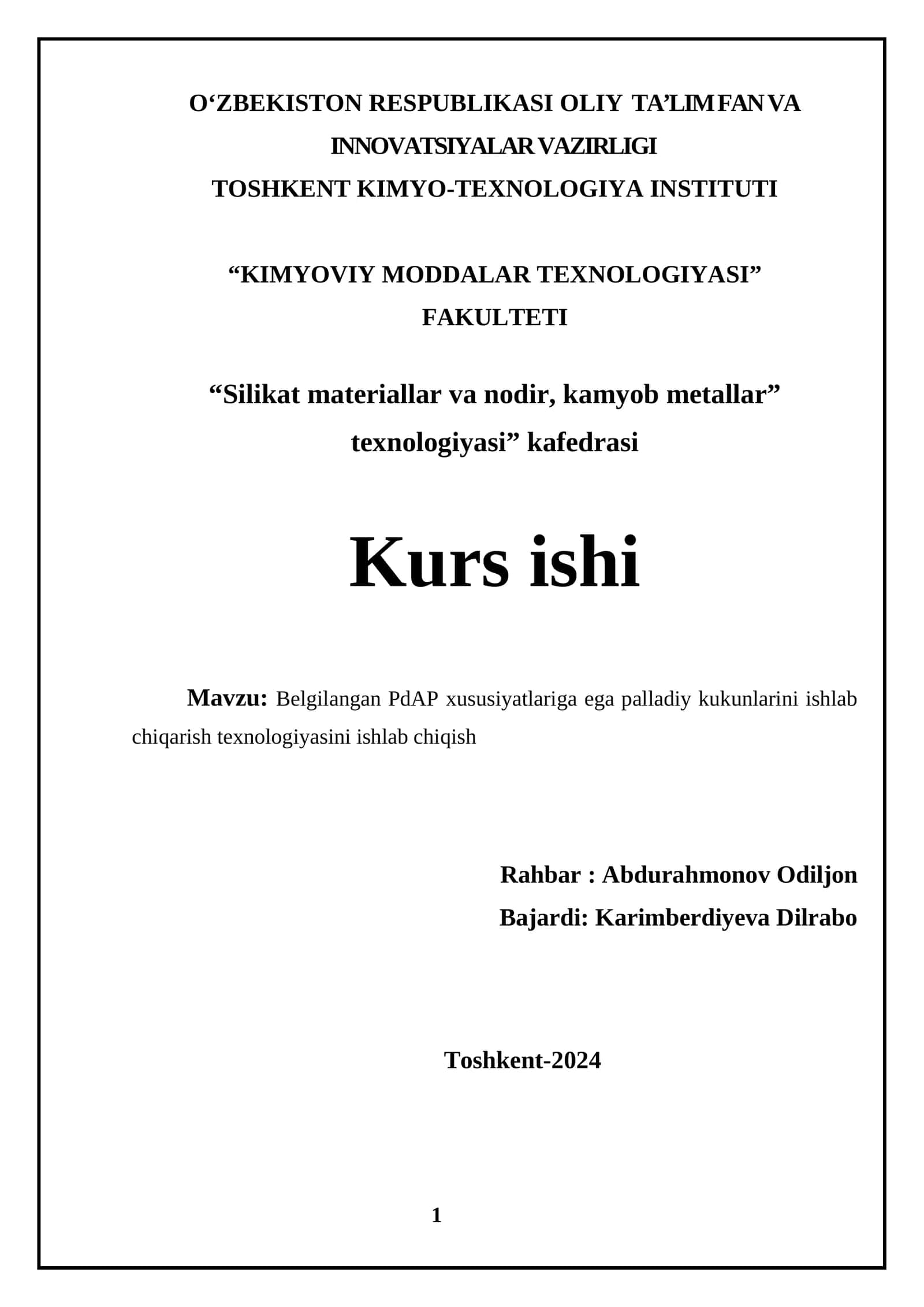 Belgilangan PdAP xususiyatlariga ega palladiy kukunlarini ishlab chiqarish texnologiyasini ishlab chiqish