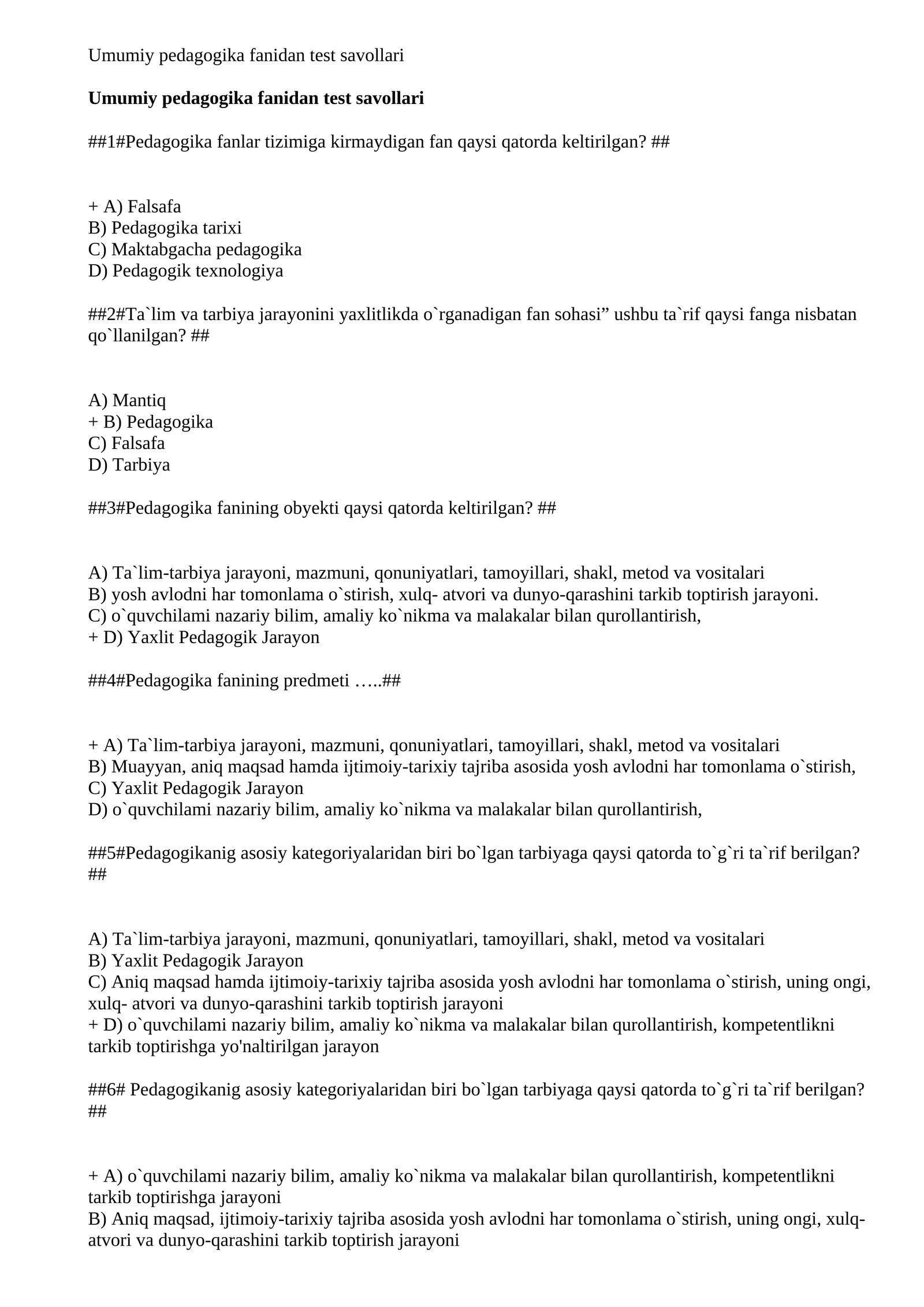 Maktab maslahatchisi uchun umumiy pedagogikadan test savol javoblari 2026