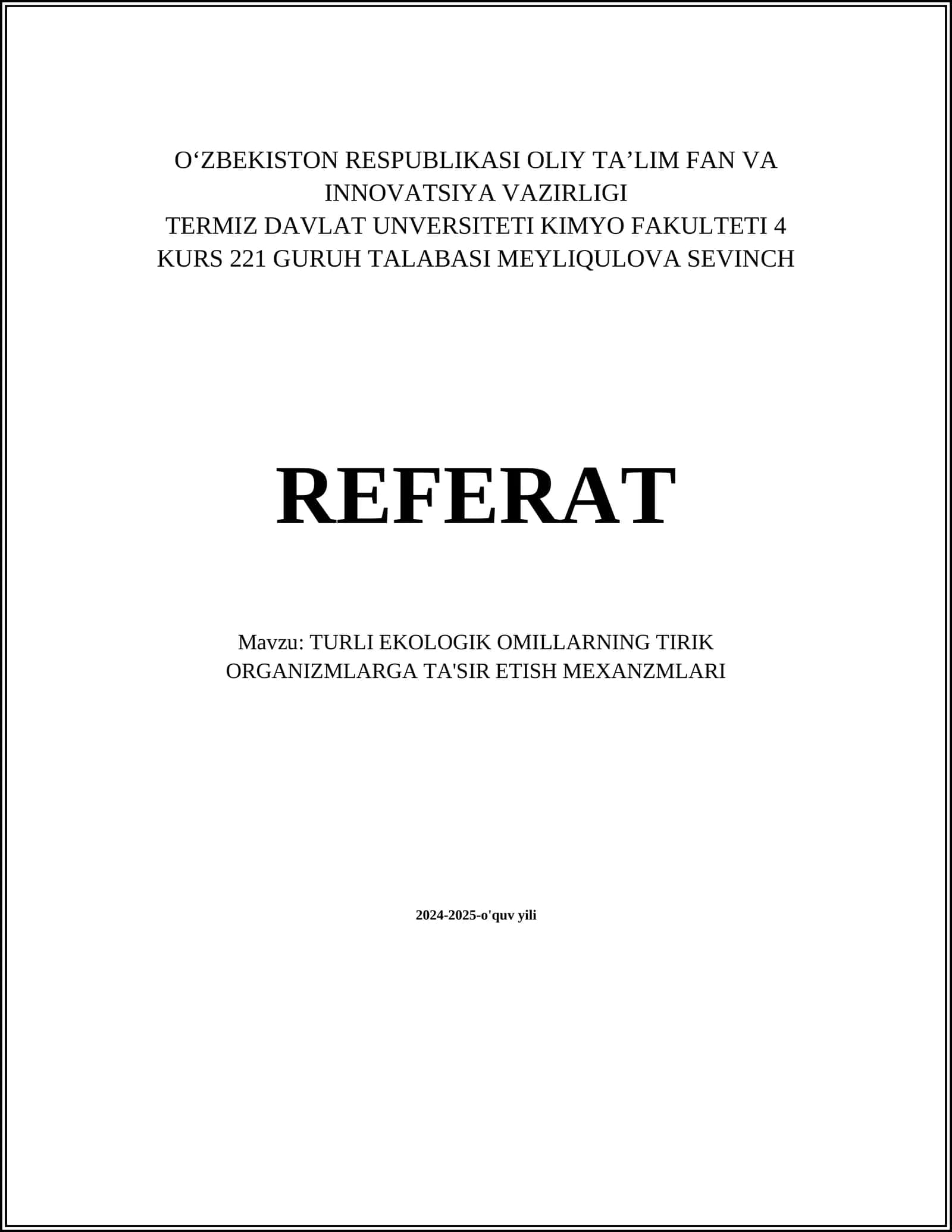 EKOLOGIK OMILLARNING TIRIK ORGANIZMLARGA TA'SIR ETISH MEXANZMLARI