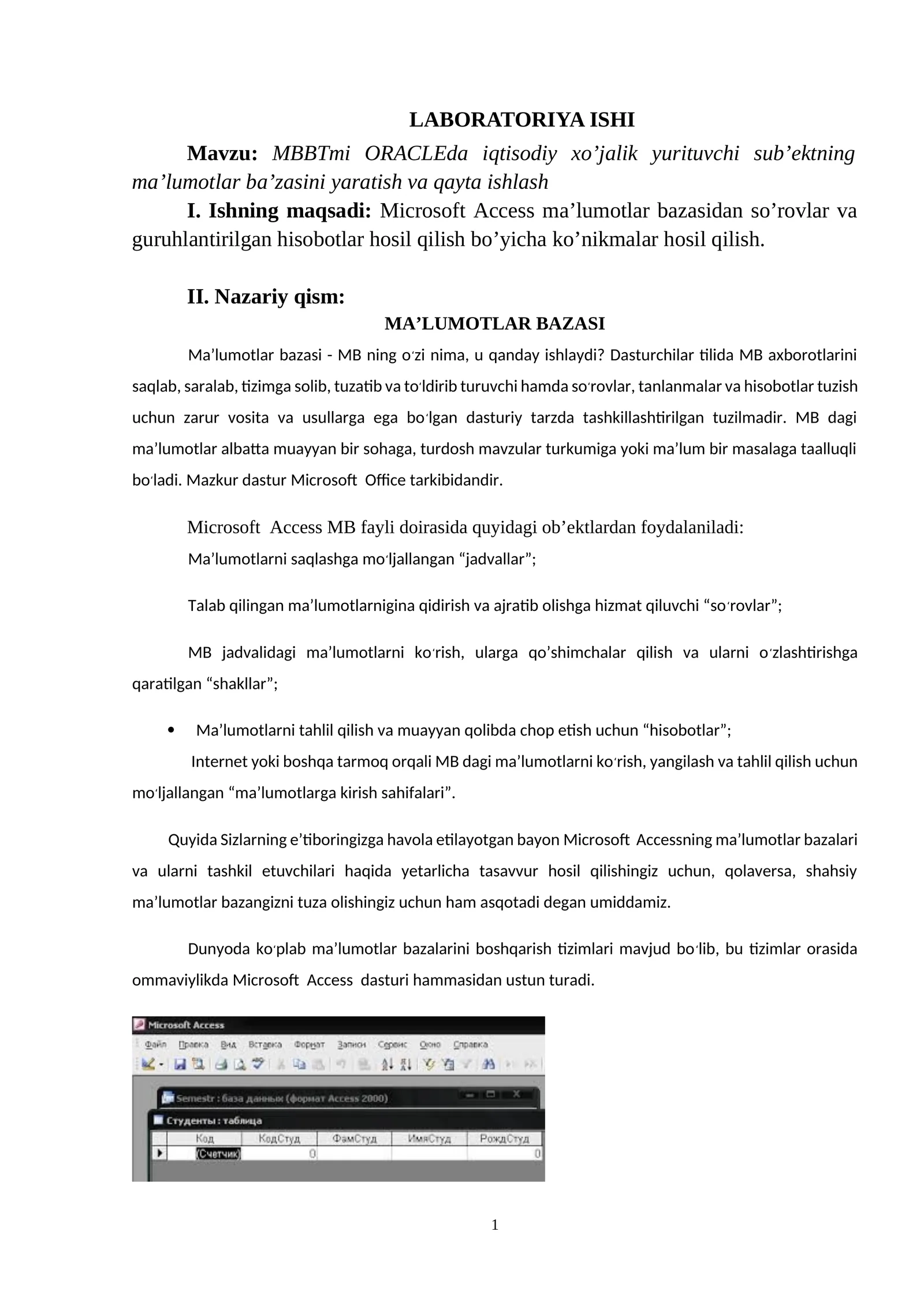 MBBT va Oraclda iqtisodiy xoʻjalik yurituvchi subyektlar maʼlumotlar bazasini yaratish