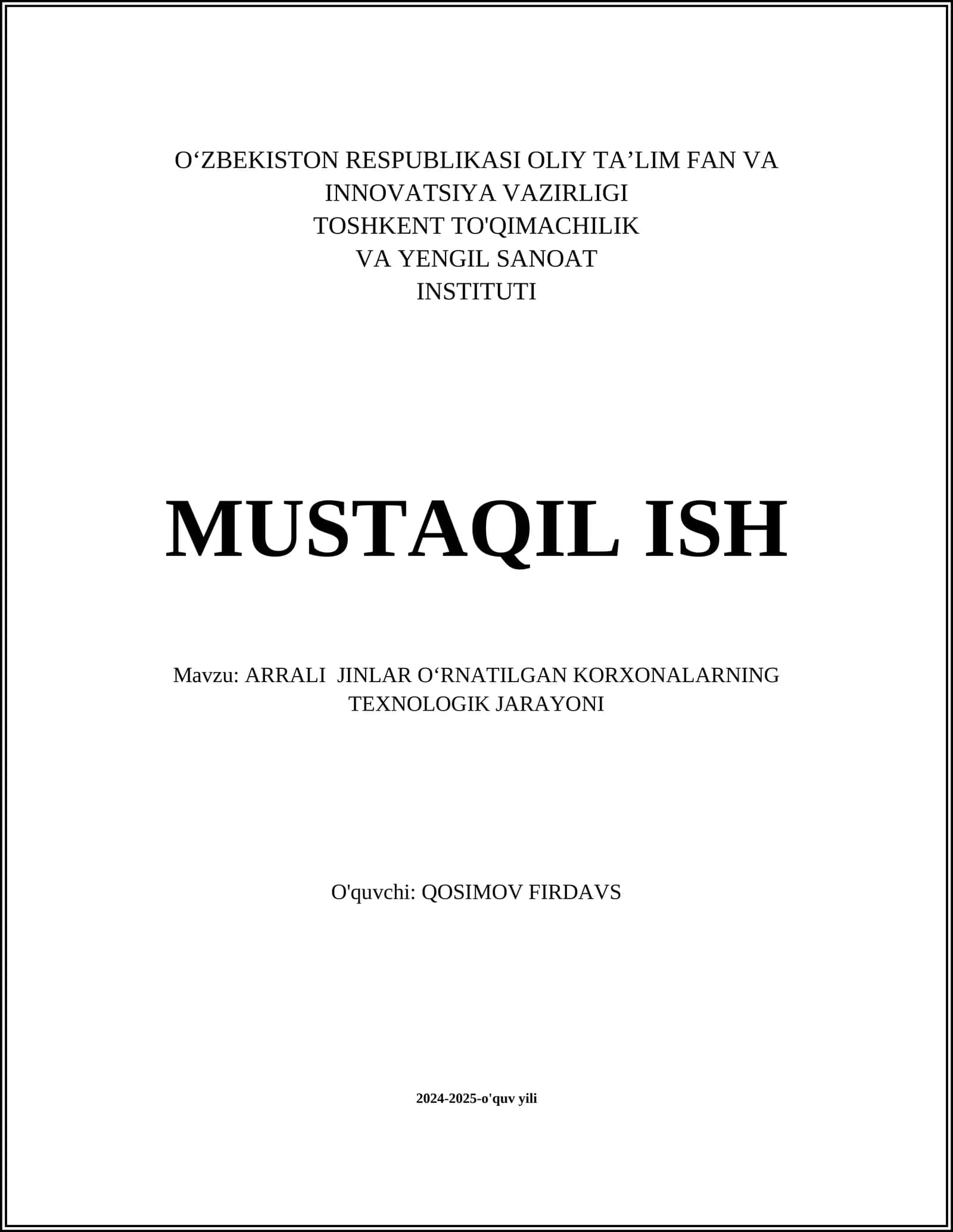 ARRALI JINLAR O‘RNATILGAN KORXONALARNING TEXNOLOGIK JARAYONI