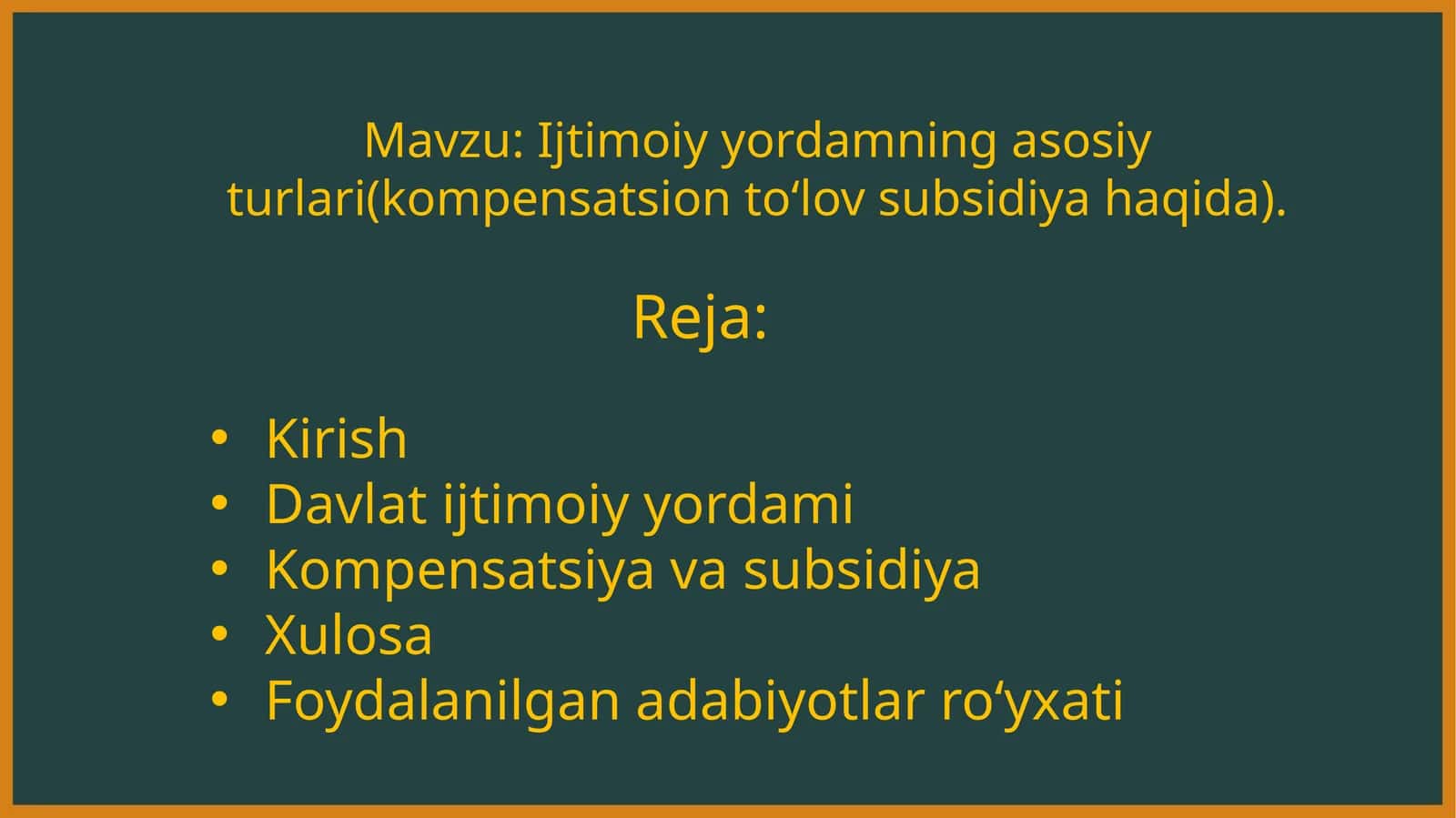 Ijtimoiy yordamning asosiy turlari(kompensatsion toʻlov subsidiya haqida).