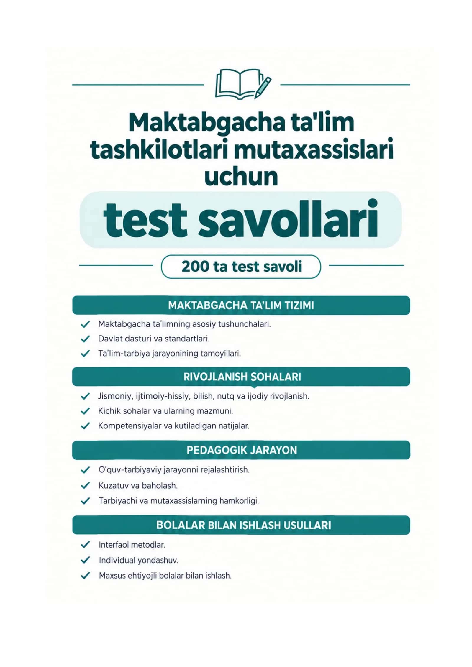 Maktabgacha ta'lim tashkilotlari mutaxassislari uchun test savollari