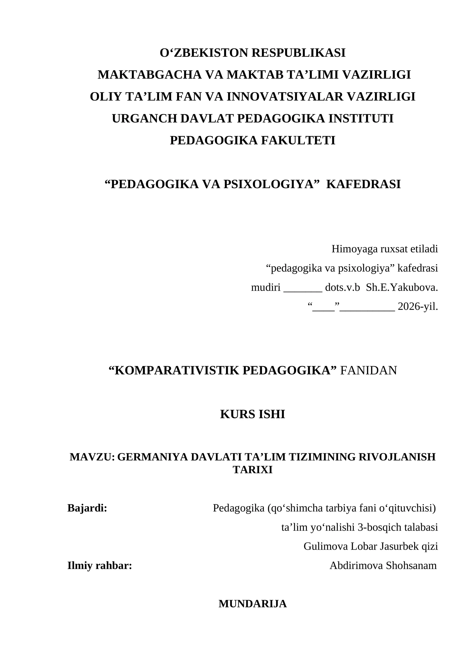 KOMPARATIVISTIK PEDAGOGIKA FANIDAN KURS ISHI