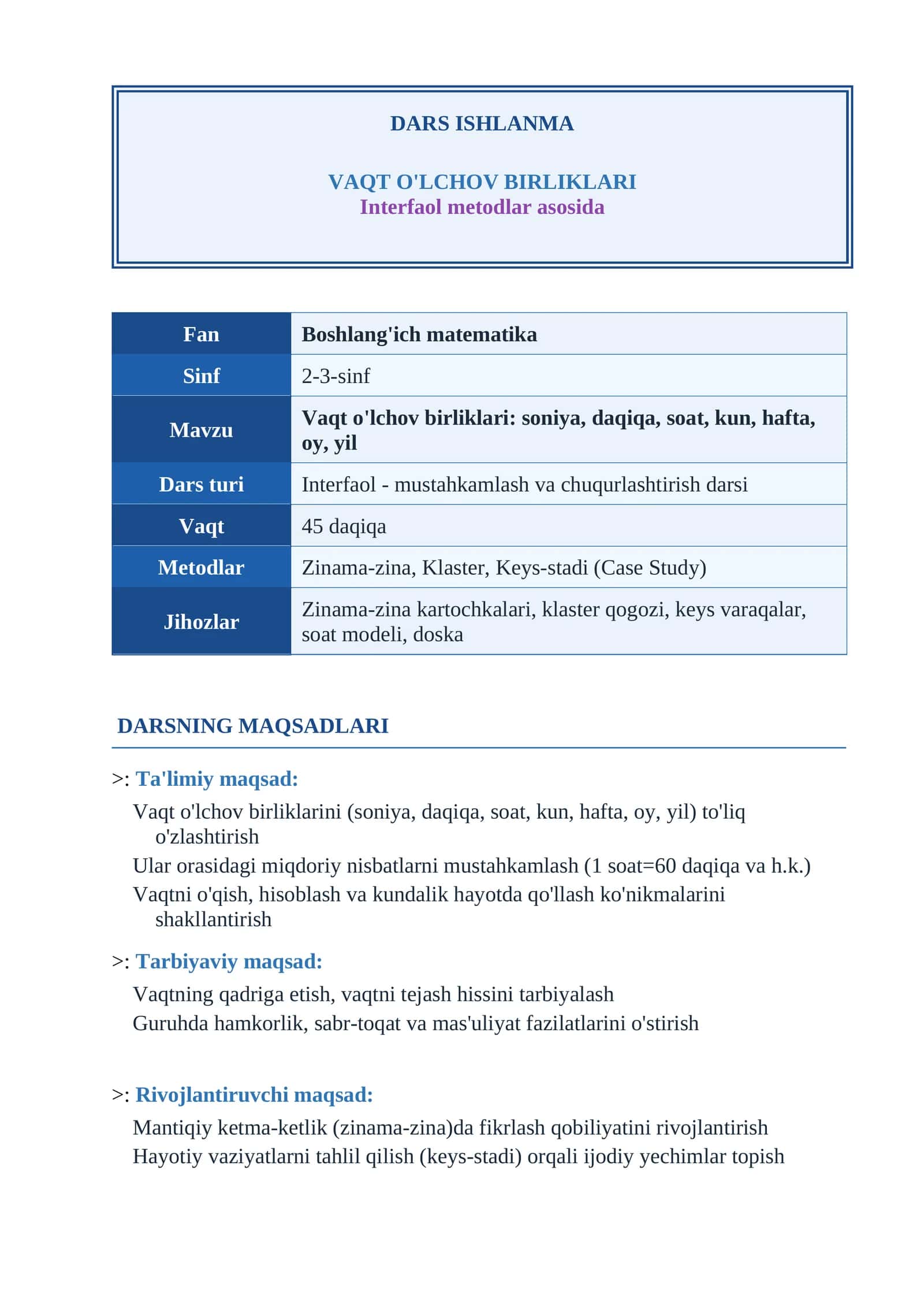 aqt o‘lchov birliklarini o‘rgatishda interfaol metodlardan foydalanish          DARS ISHLANMA       VAQT O'LCHOV BIRLIKLARI  DARS ISHLANMA