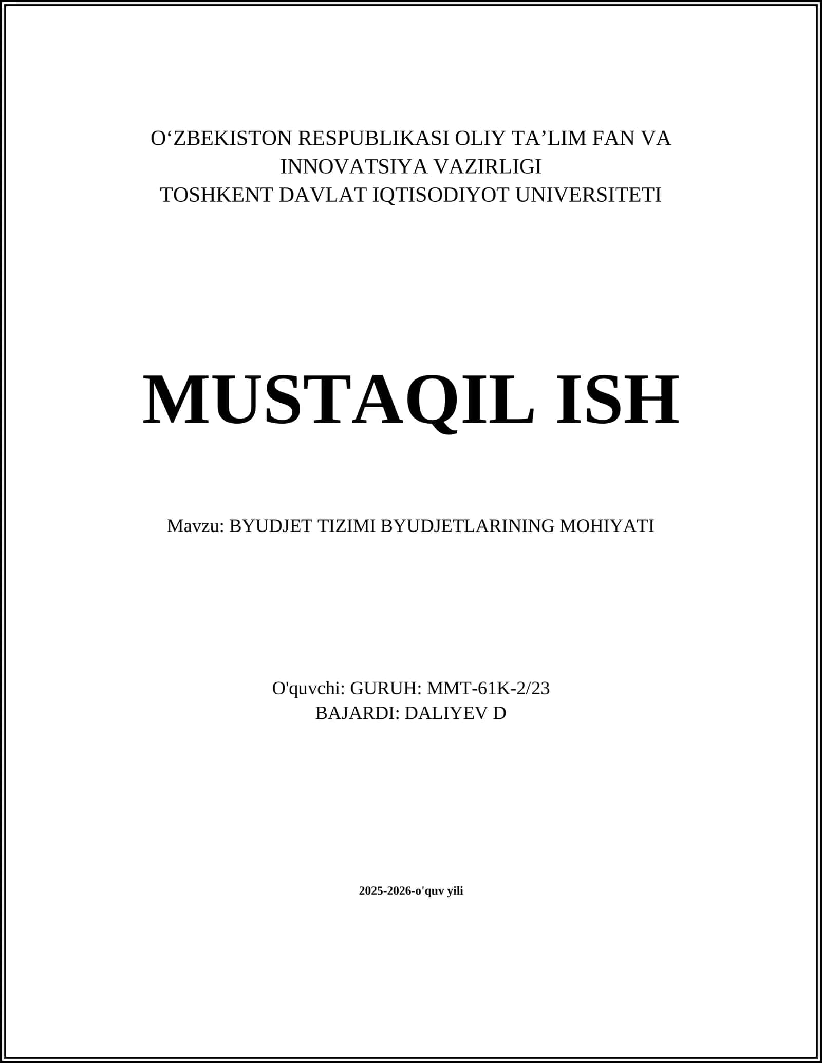 BYUDJET TIZIMI BYUDJETLARINING MOHIYATI