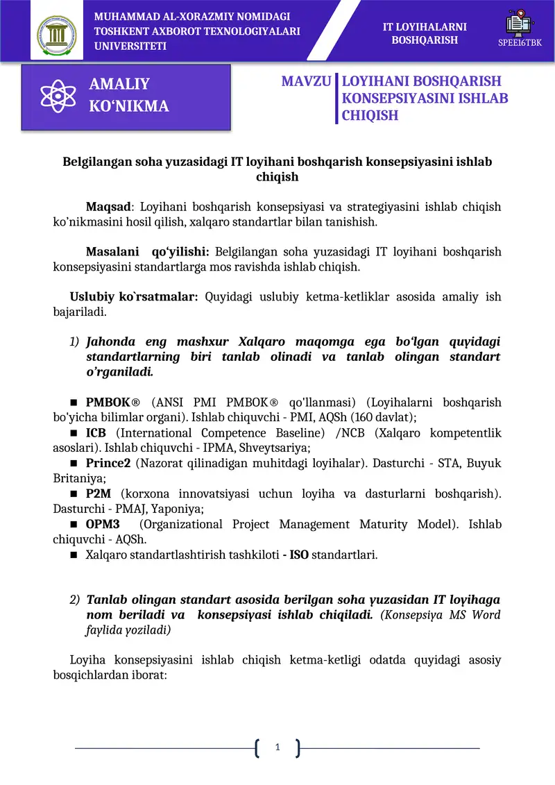 LOYIHANI BOSHQARISH KONSEPSIYASINI ISHLAB CHIQISH