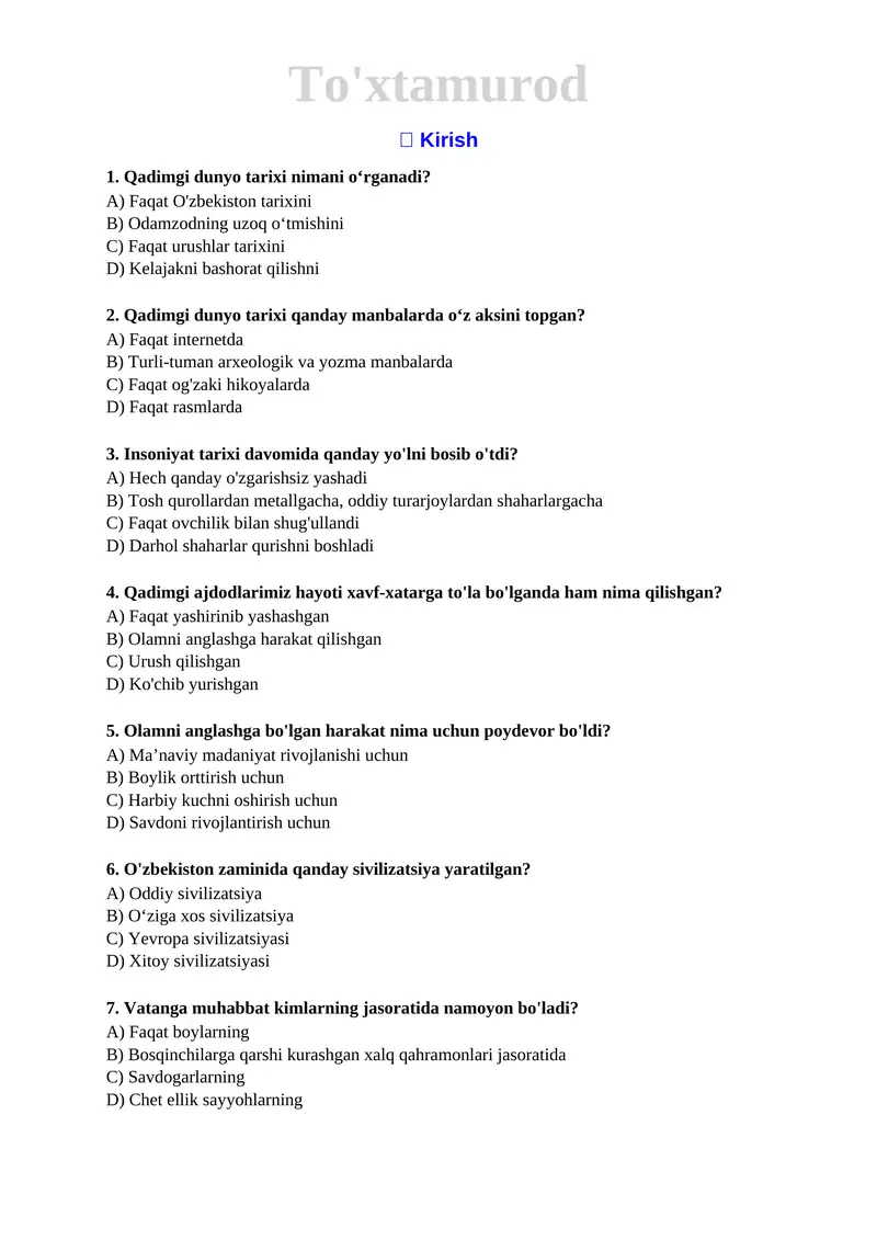 6 Qadimgi dunyo tarixi 2022 mavzulashtirilgan testlar