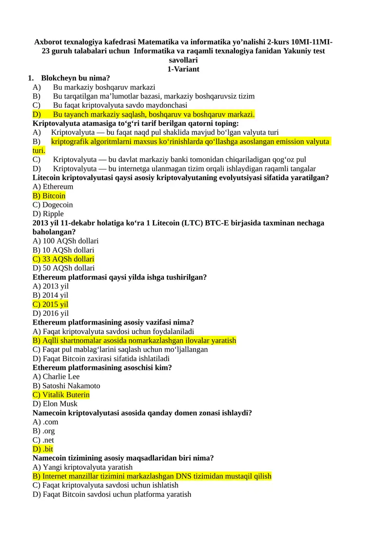 Informatika va raqamli texnologiya fanidan Yakuniy test savollari.