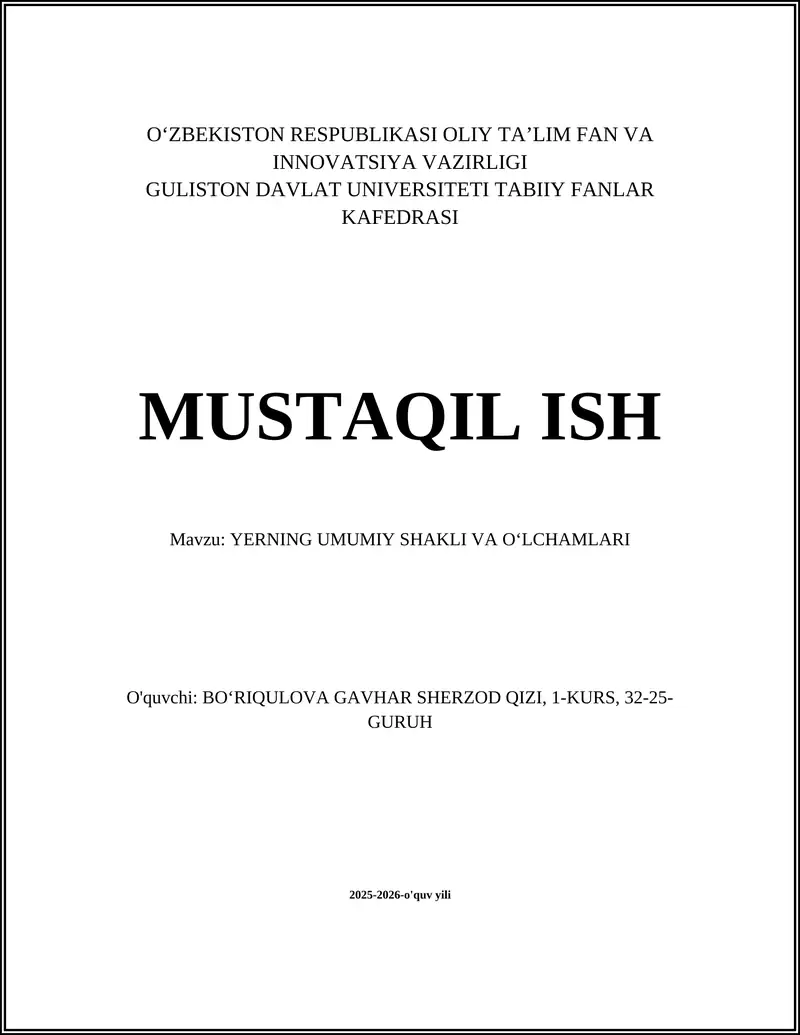 YERNING UMUMIY SHAKLI VA OʻLCHAMLARI