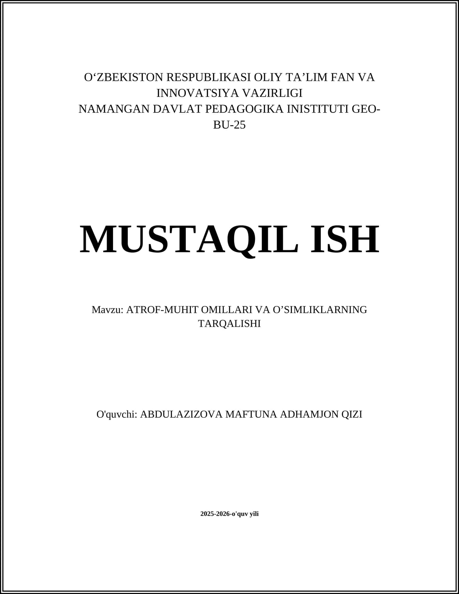 ATROF-MUHIT OMILLARI VA O’SIMLIKLARNING TARQALISHI