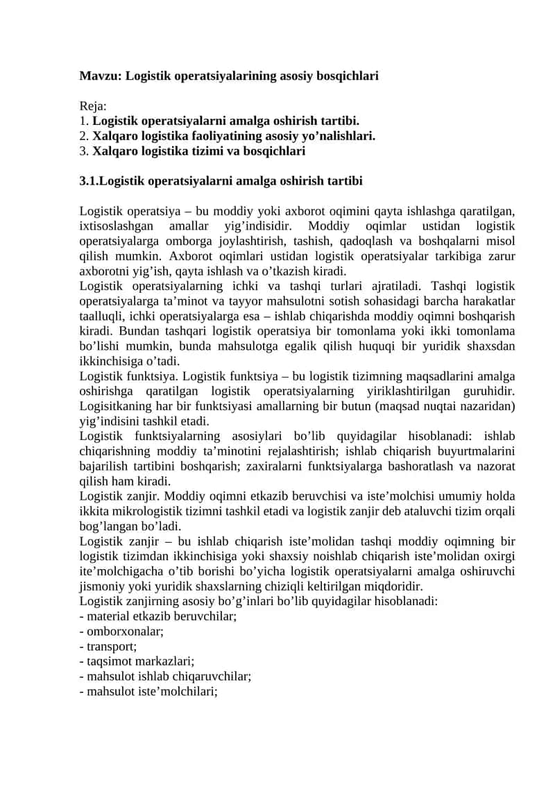 Lоgistik Оpеrаtsiyalаr