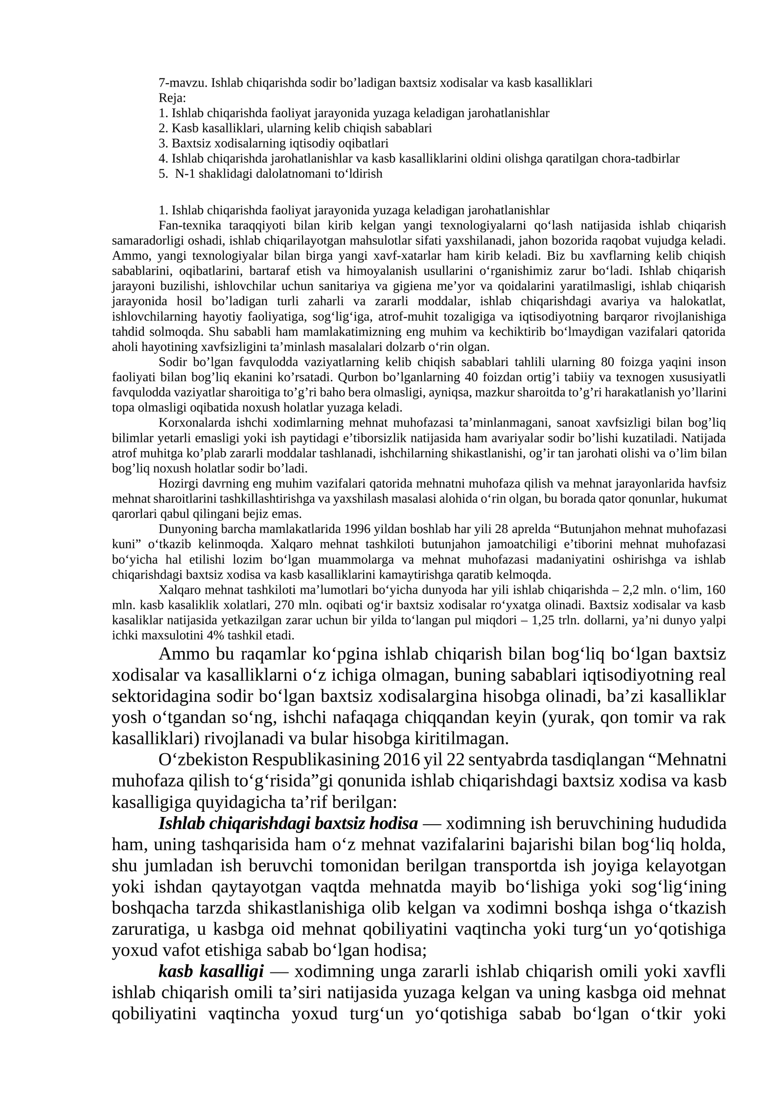 Ishlab chiqarishda sodir bo’ladigan baxtsiz xodisalar va kasb kasalliklari
