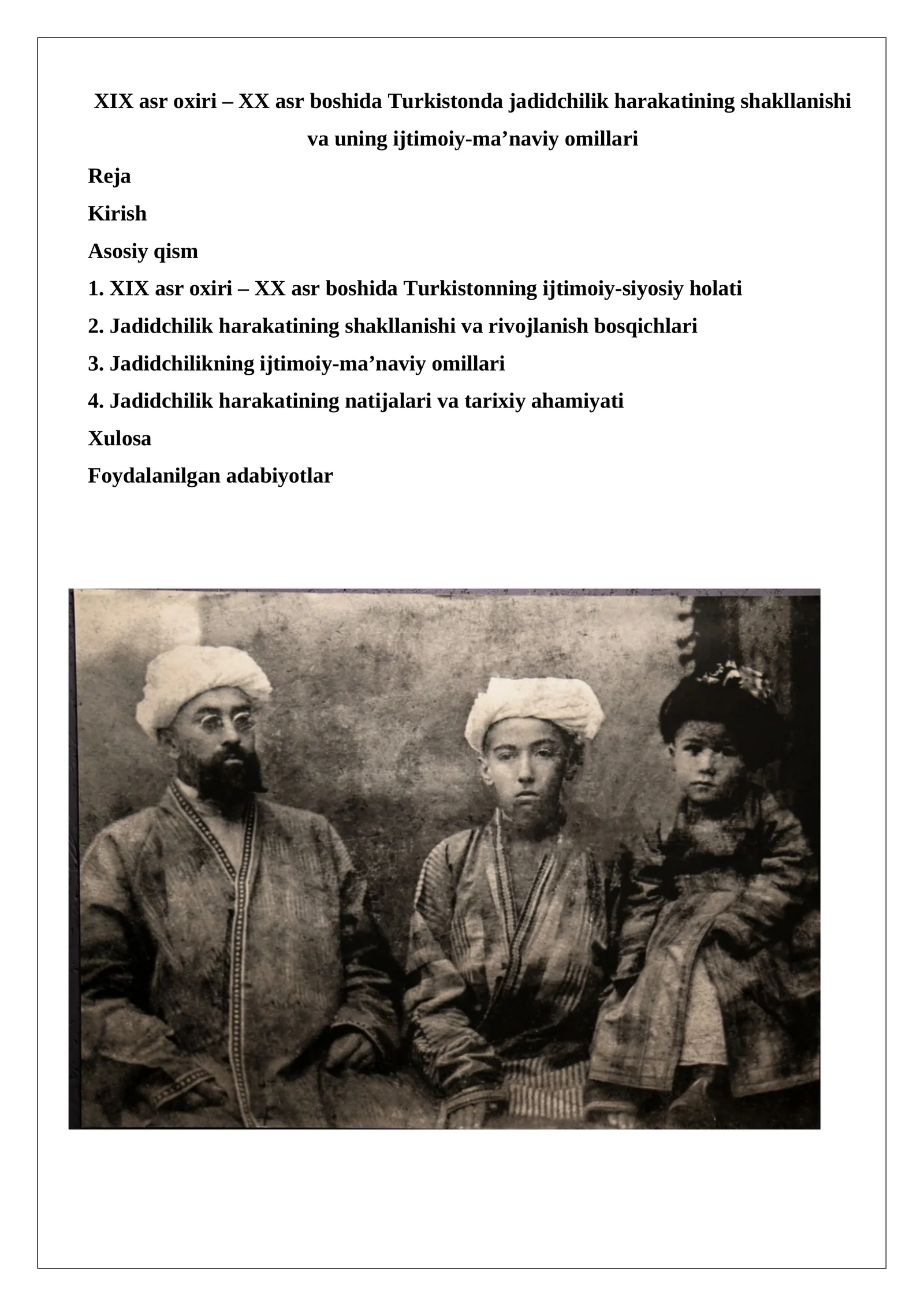 XIX asr oxiri – XX asr boshida Turkistonda jadidchilik harakatining shakllanishi