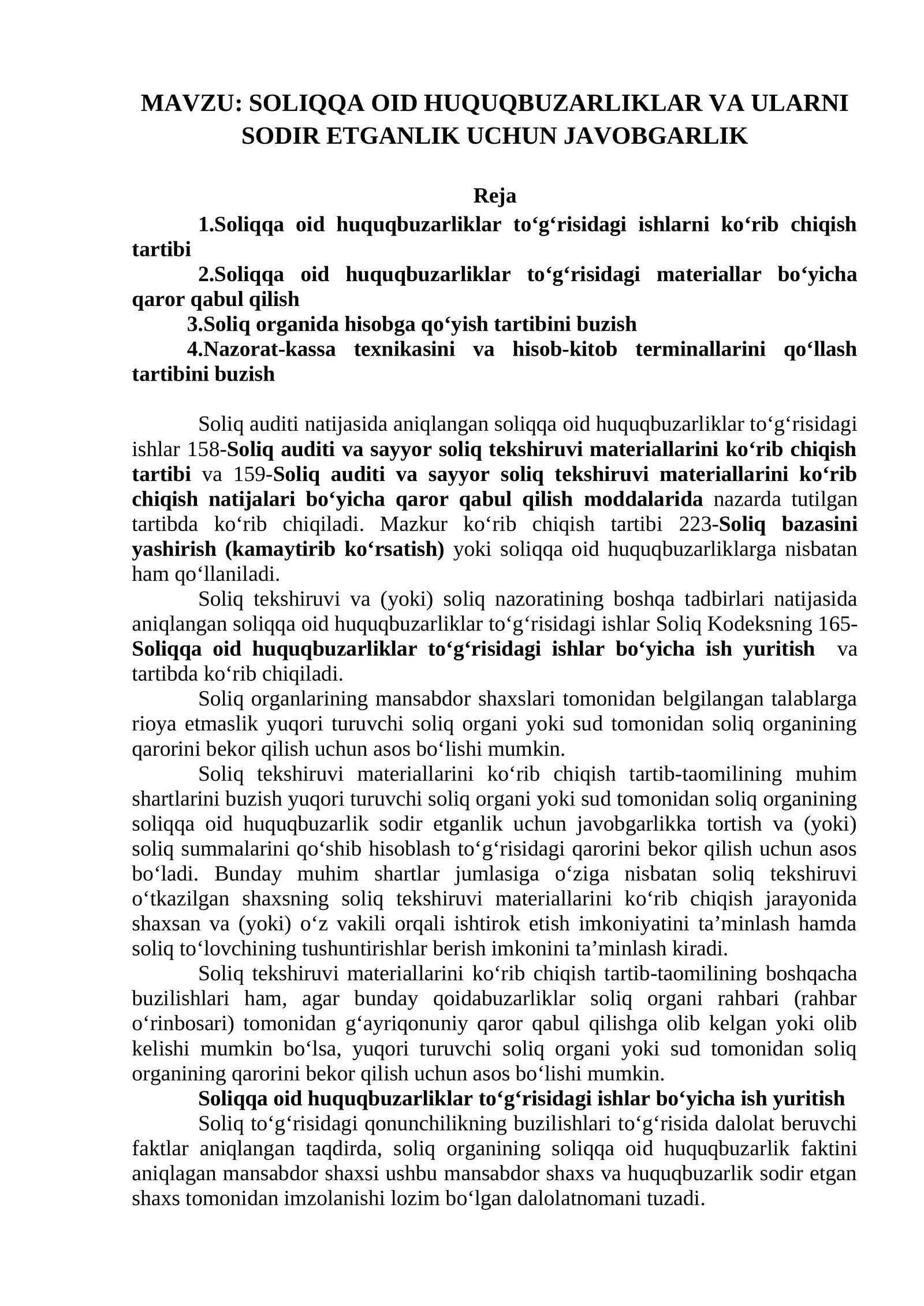 SOLIQQA OID HUQUQBUZARLIKLAR VA ULARNI SODIR ETGANLIK UCHUN JAVOBGARLIK