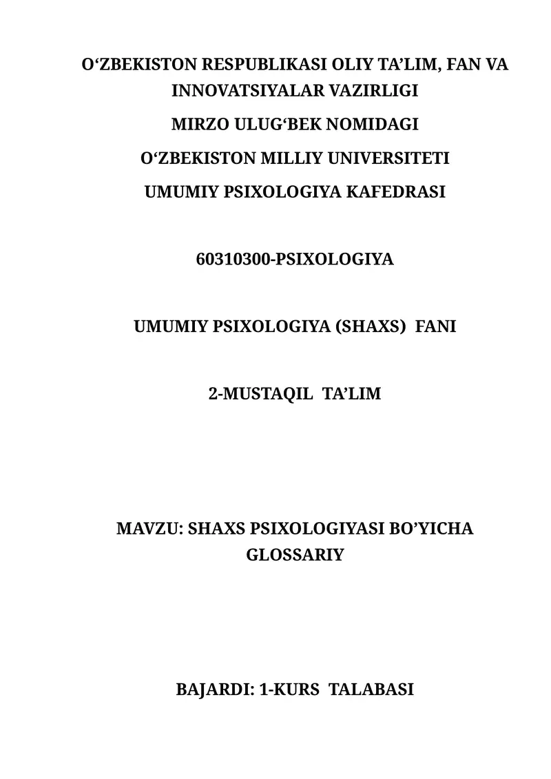 SHAXS PSIXOLOGIYASI BO’YICHA GLOSSARIY